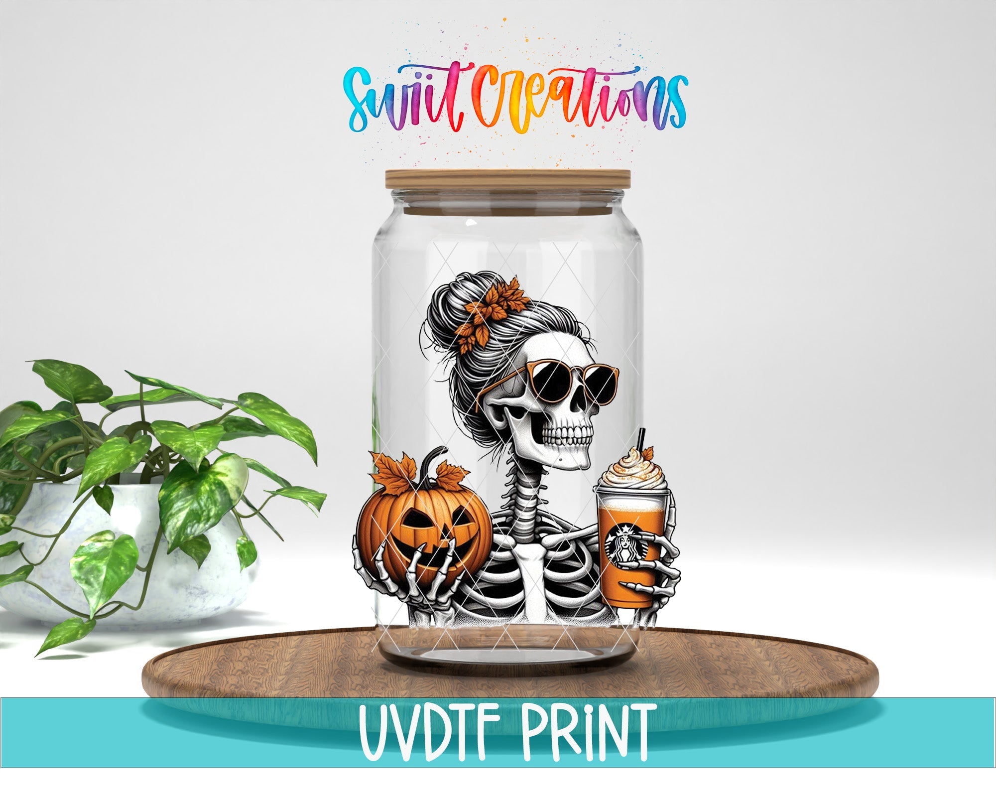 a glass jar with a skeleton and pumpkins in it