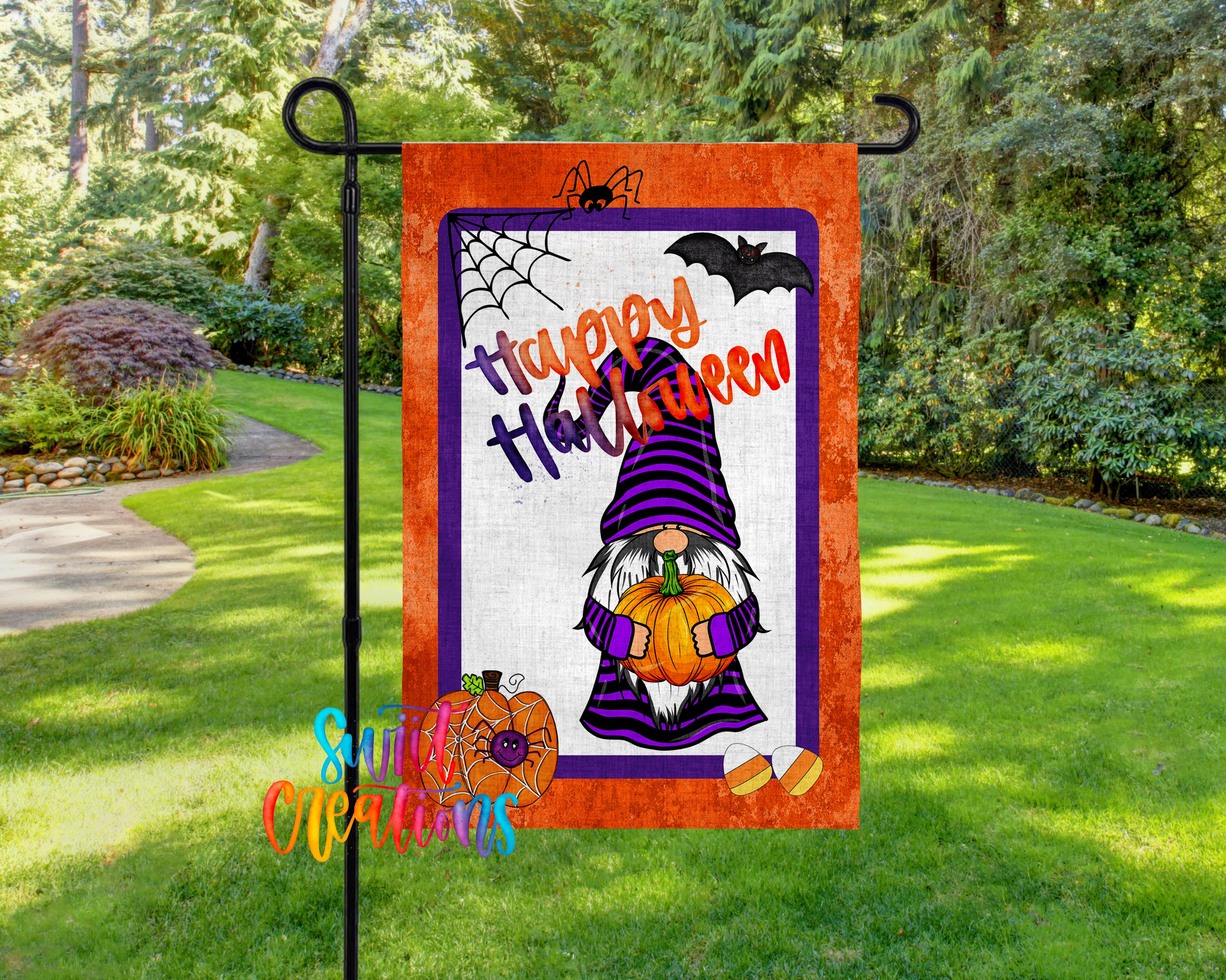 A Halloween-themed garden flag featuring a gnome holding a pumpkin and a spider web, with the text "Happy Halloween" displayed prominently.