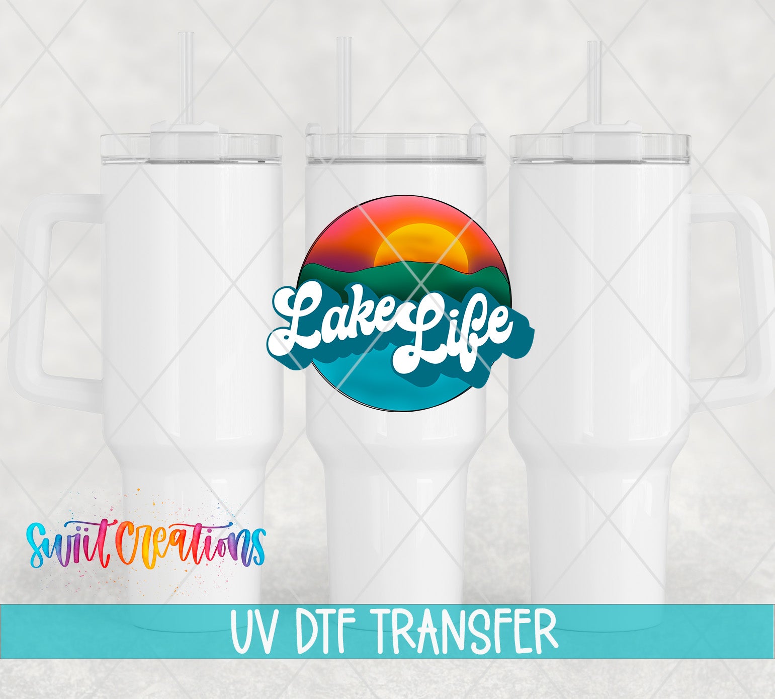 Swiit Creations UV DTF Lake Life retro sunset transfer on a white tumbler mockup