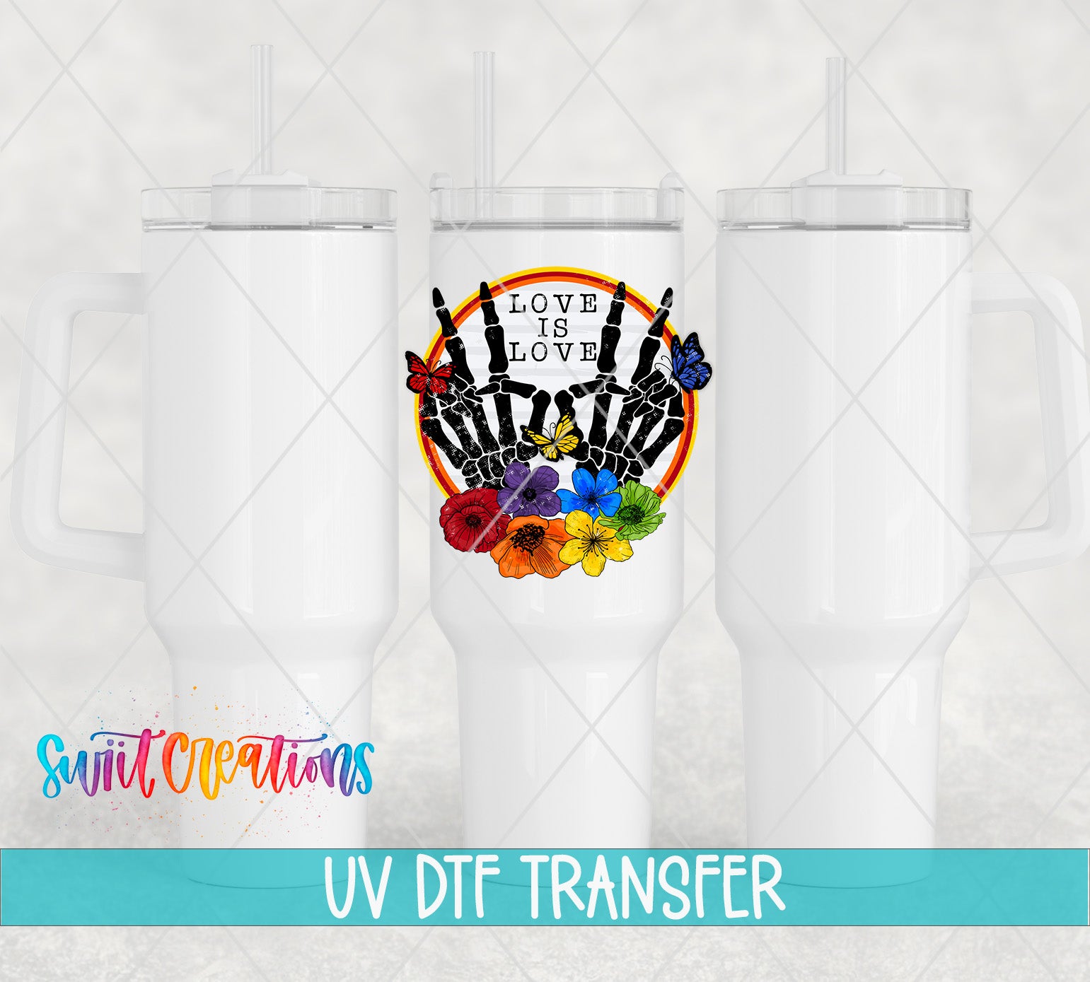 Three white tumblers featuring the Love Is Love UV DTF transfer by Swiit Creations
