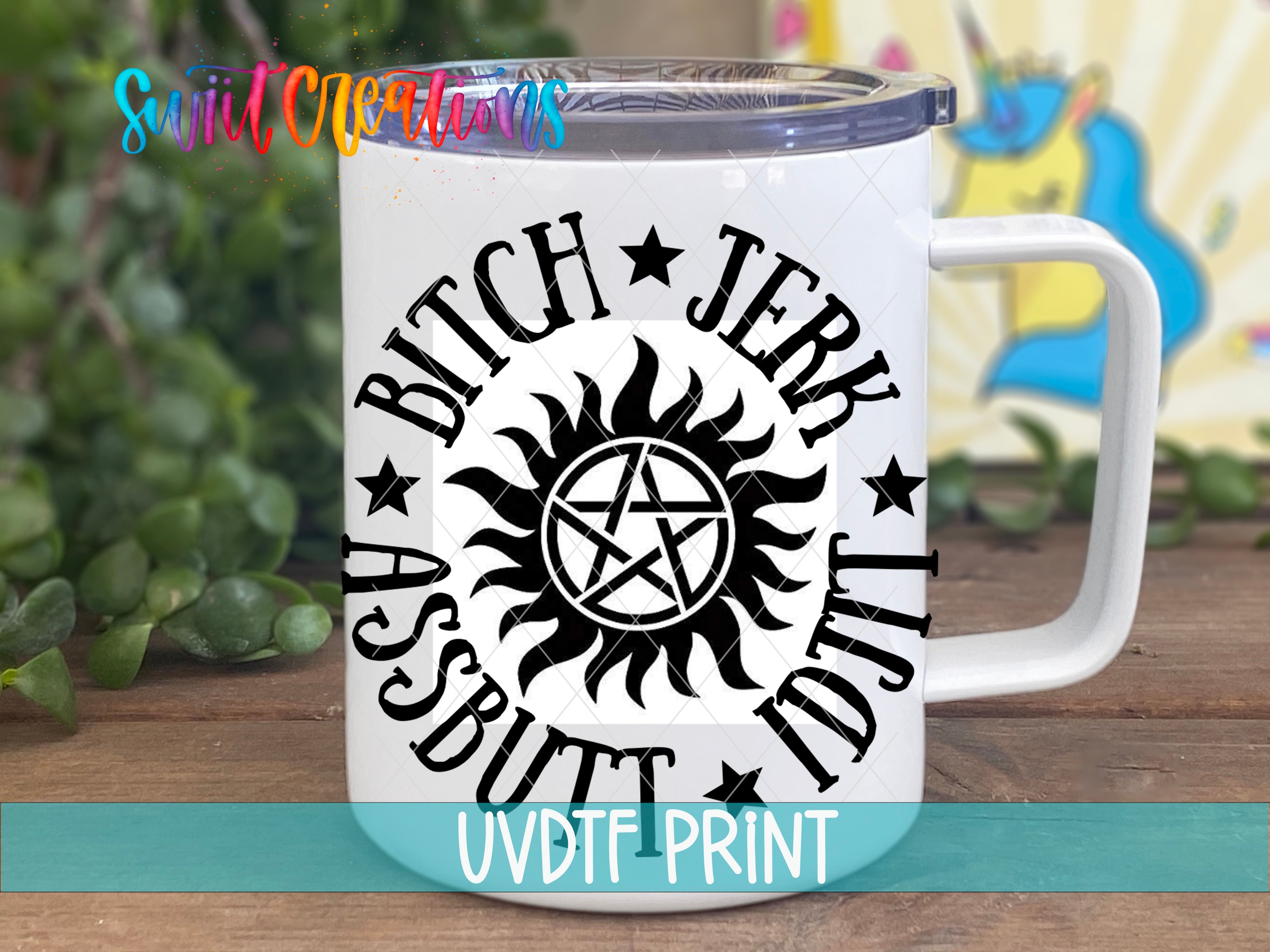 a white coffee mug with a pentagramil on it