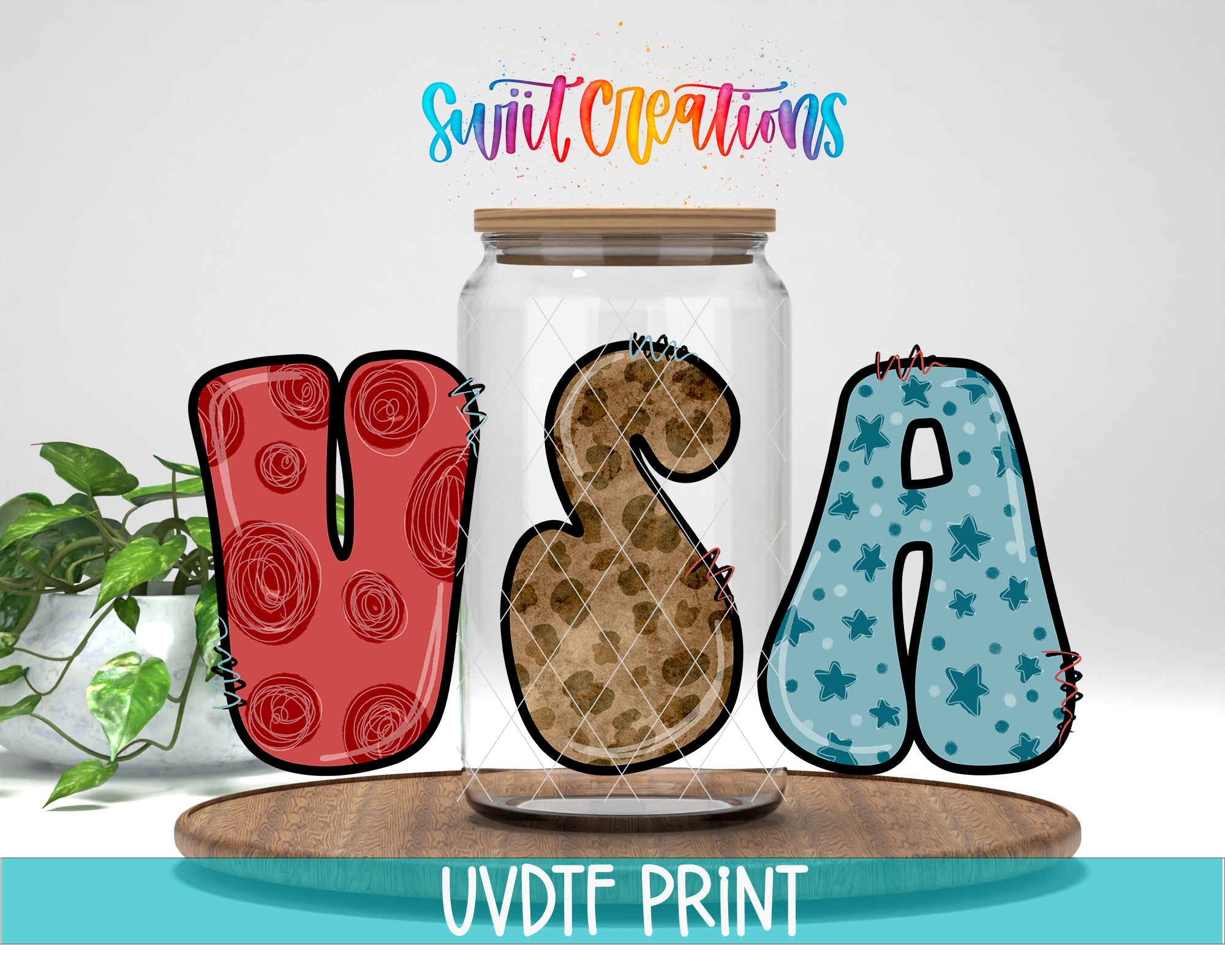 a creative arrangement of letters and a jar, with the text "Swift Creations" and "UVDF PRINT" displayed above.