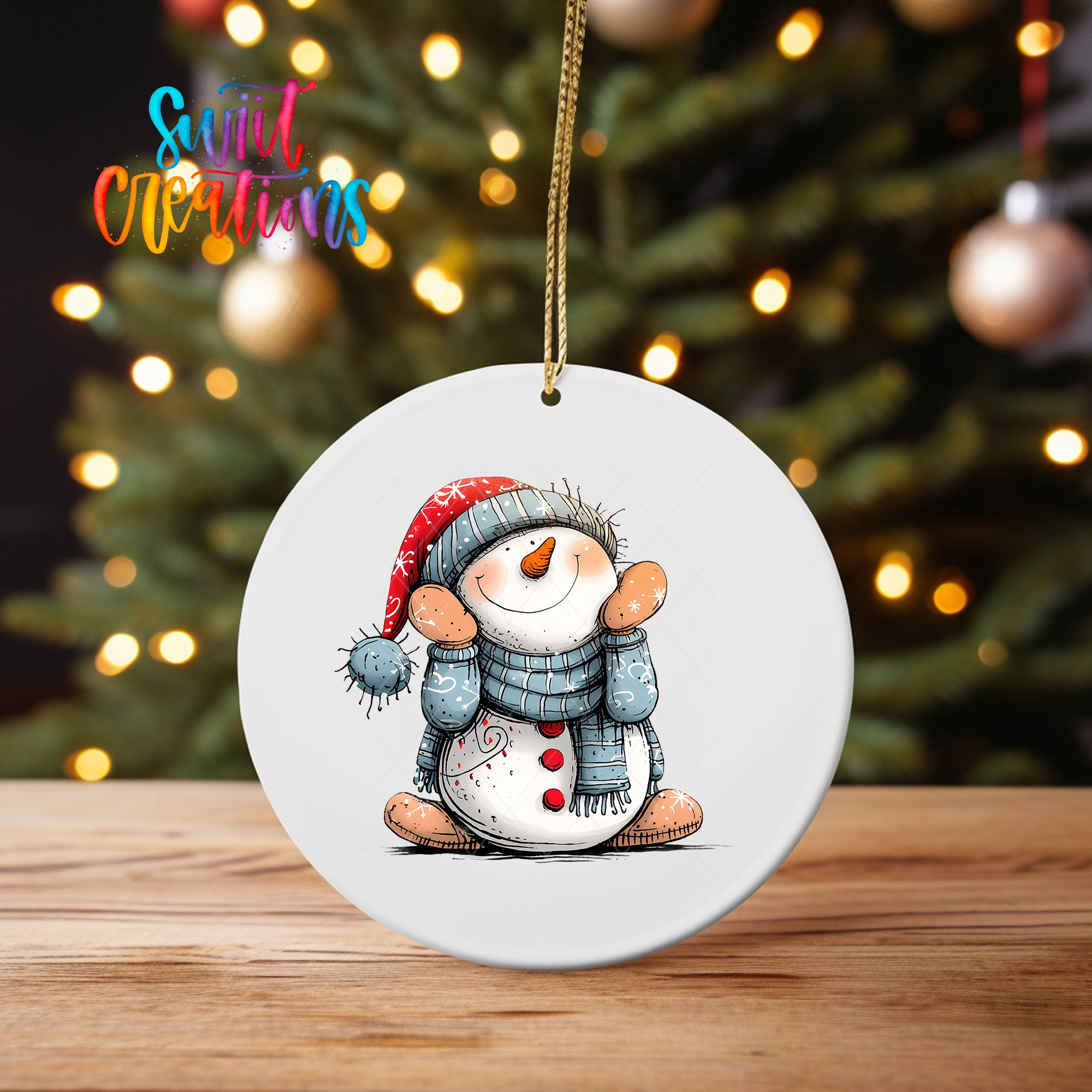 A white ceramic ornament featuring a snowman with a scarf and hat, sitting on a wooden surface in front of a blurred Christmas tree with twinkling lights.