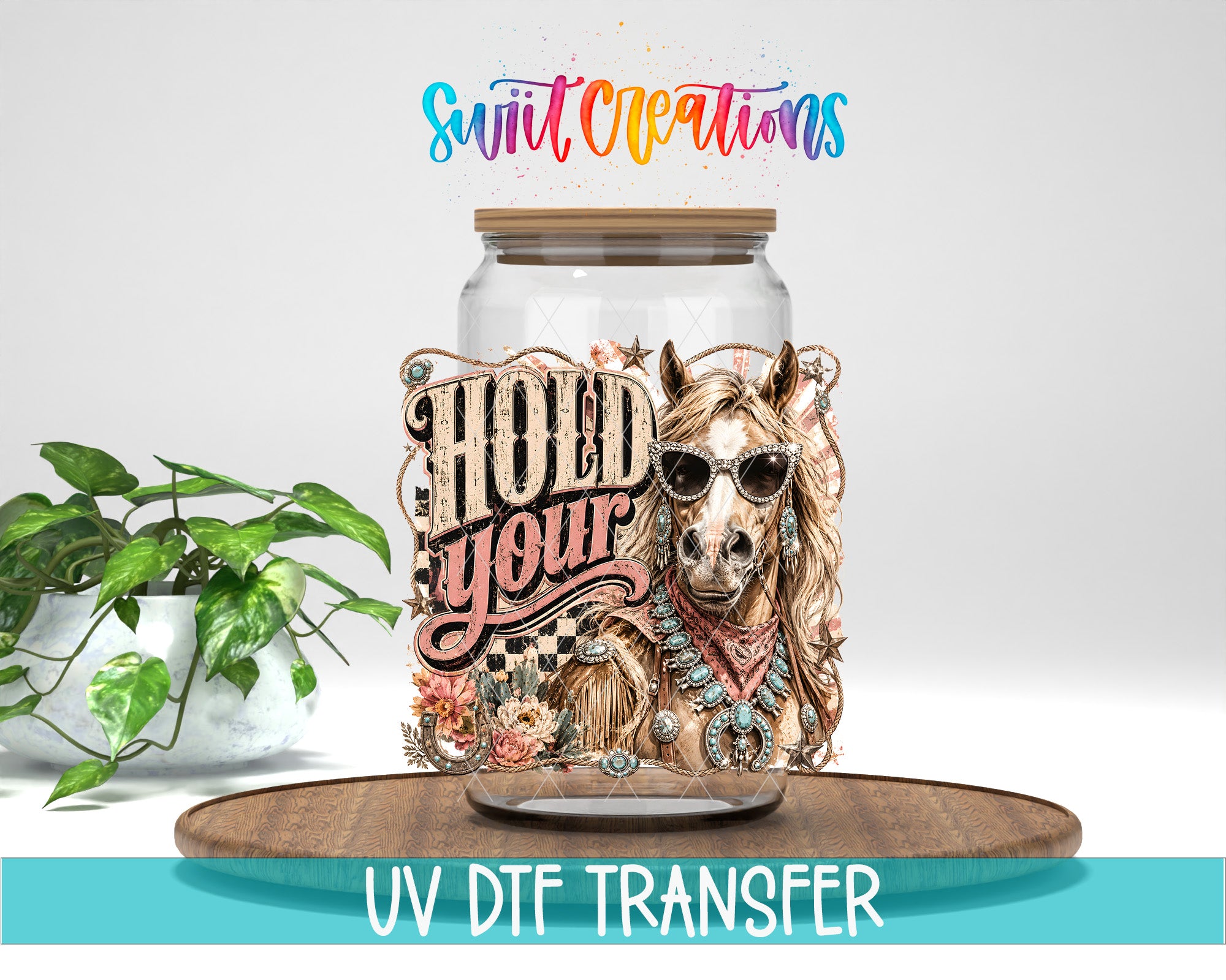 a glass jar with a horse design and sunglasses on it, placed on a wooden surface.