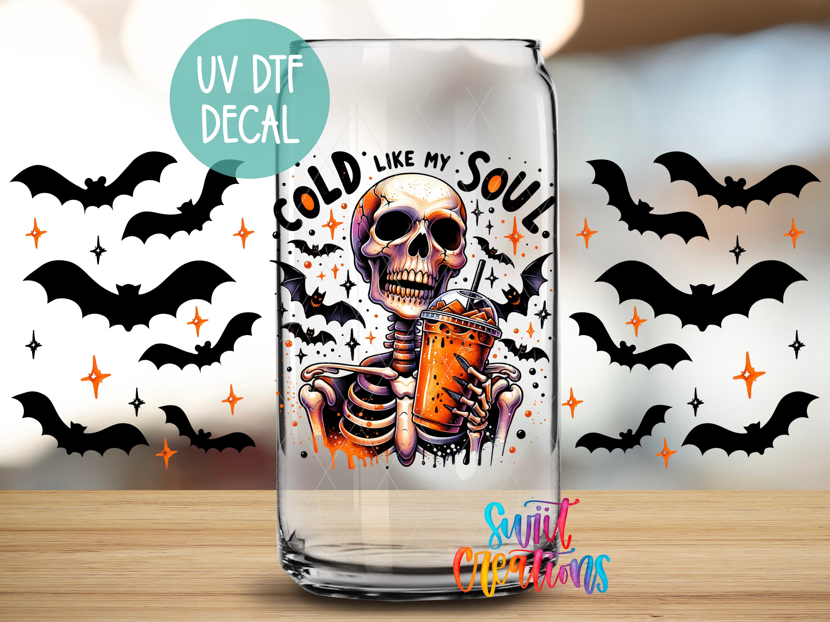 a glass with a skeleton holding a drink