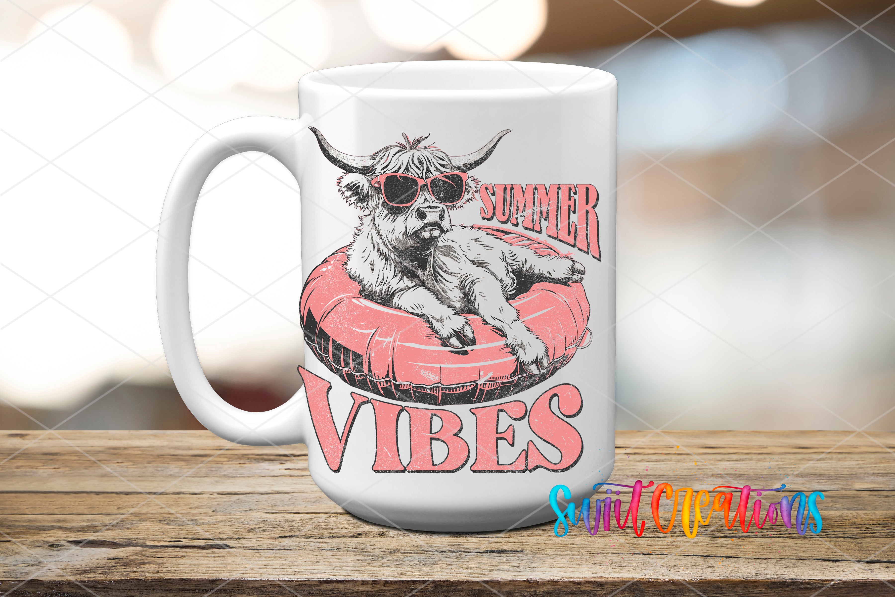 Swiit Creations UV DTF Summer Vibes Cow transfer applied to a white ceramic mug