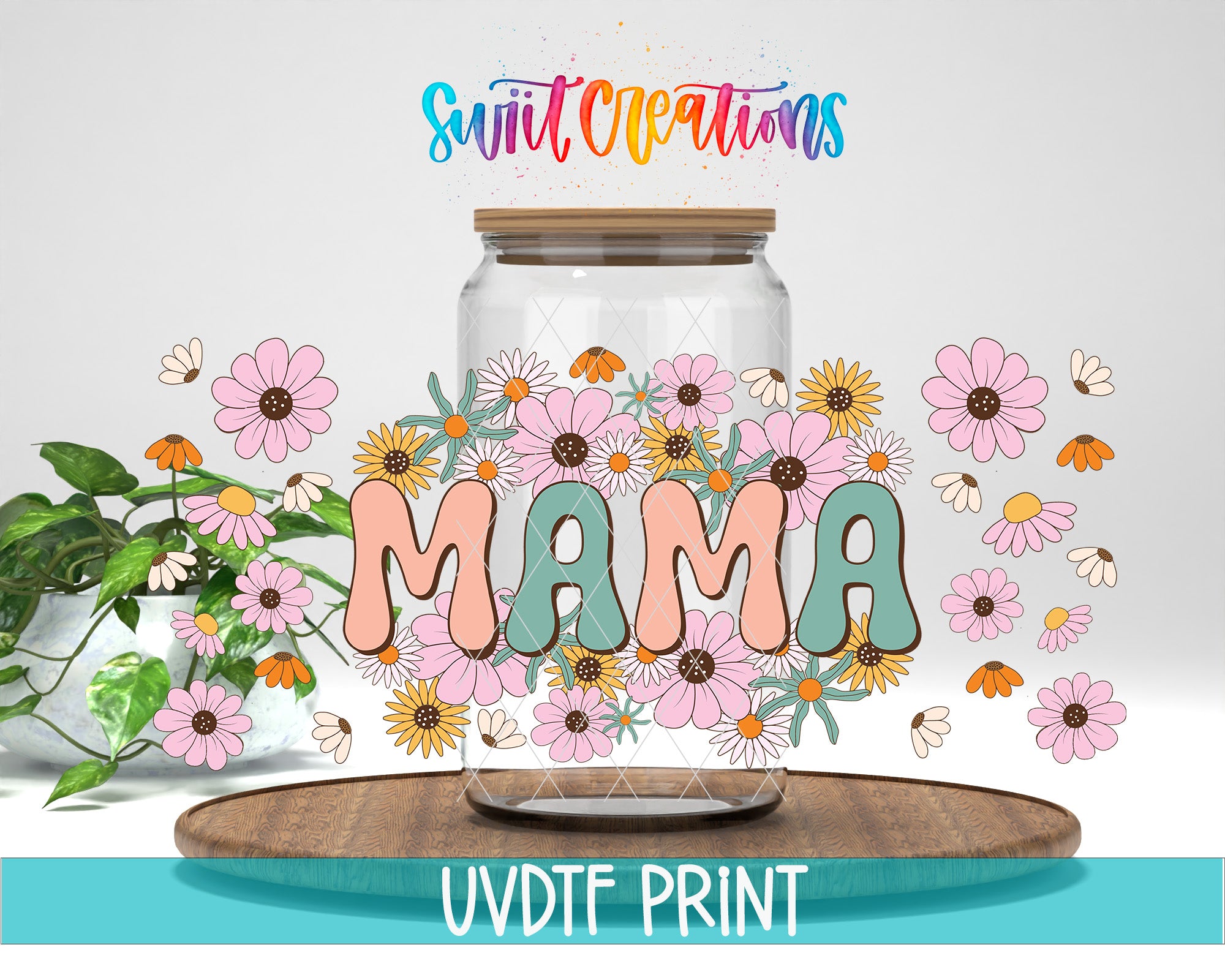 a glass jar filled with flowers, with the word "MAMA" written on it. The jar is surrounded by various colorful flowers, creating a vibrant and cheerful atmosphere.