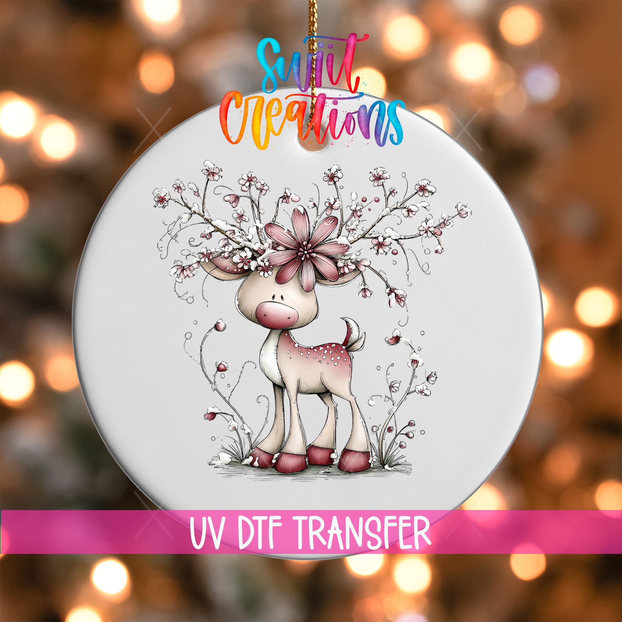 A decorative ornament featuring a deer with a flower on its head, surrounded by flowers and branches, against a blurred background with colorful lights.