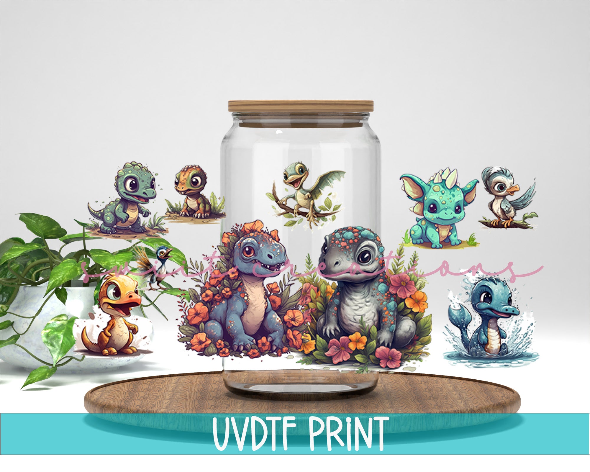 a glass jar filled with cartoon animals sitting on top of a wooden table