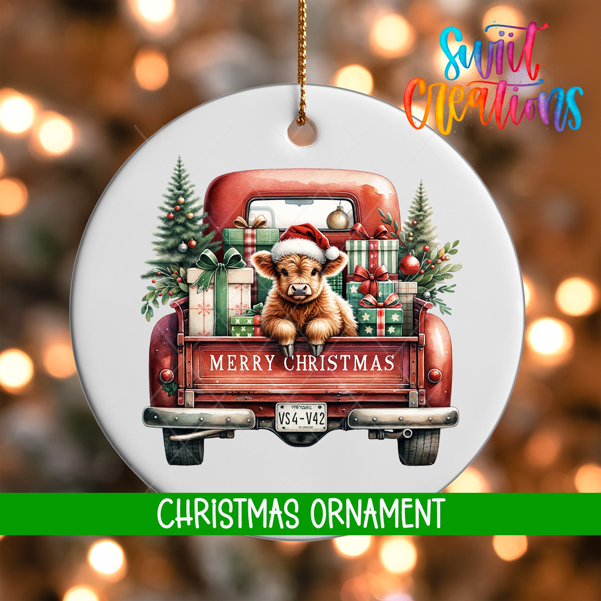 A Christmas ornament featuring a cow wearing a Santa hat and surrounded by presents in the back of a red truck.