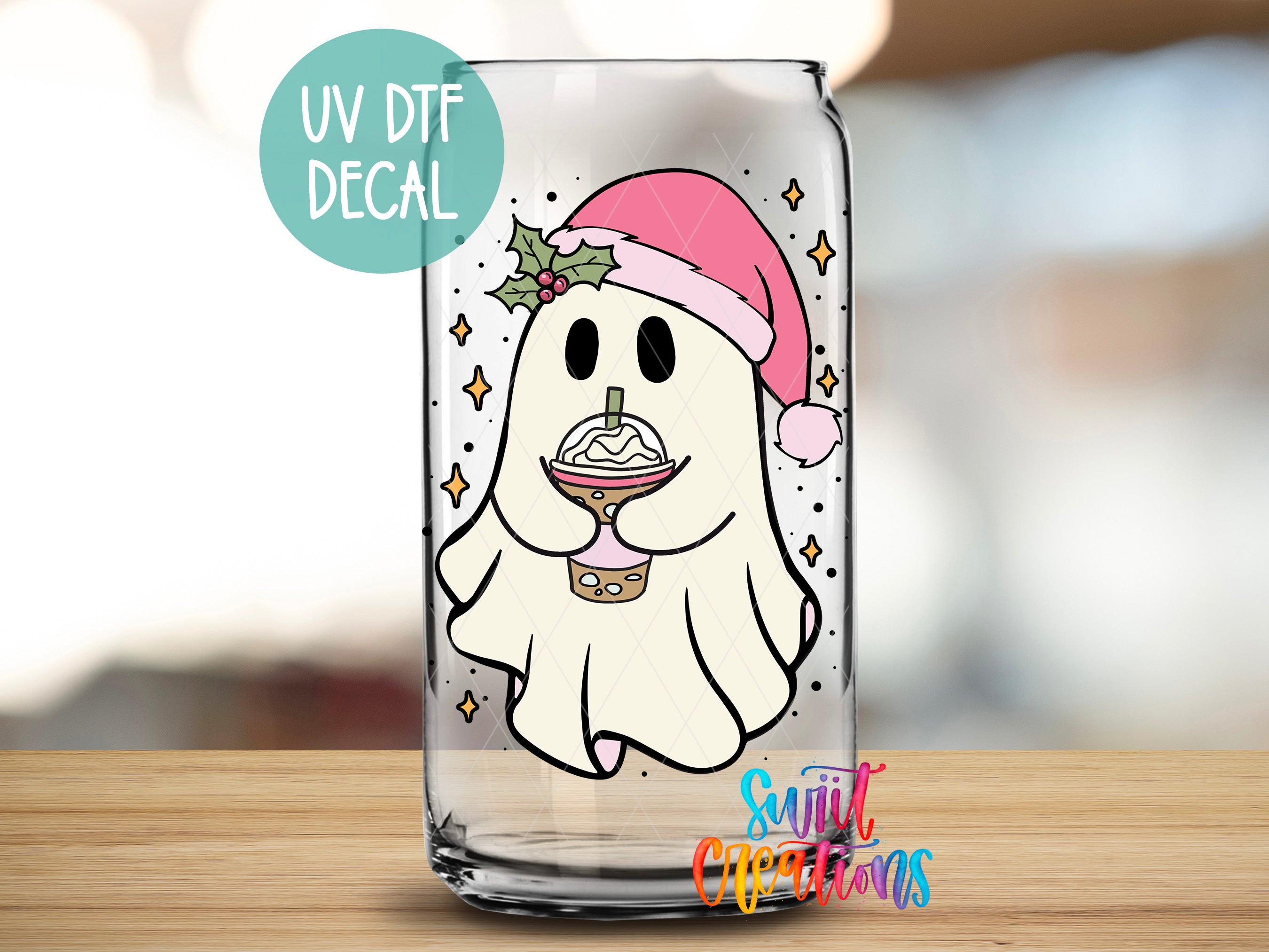 a glass with a picture of a dog wearing a santa hat
