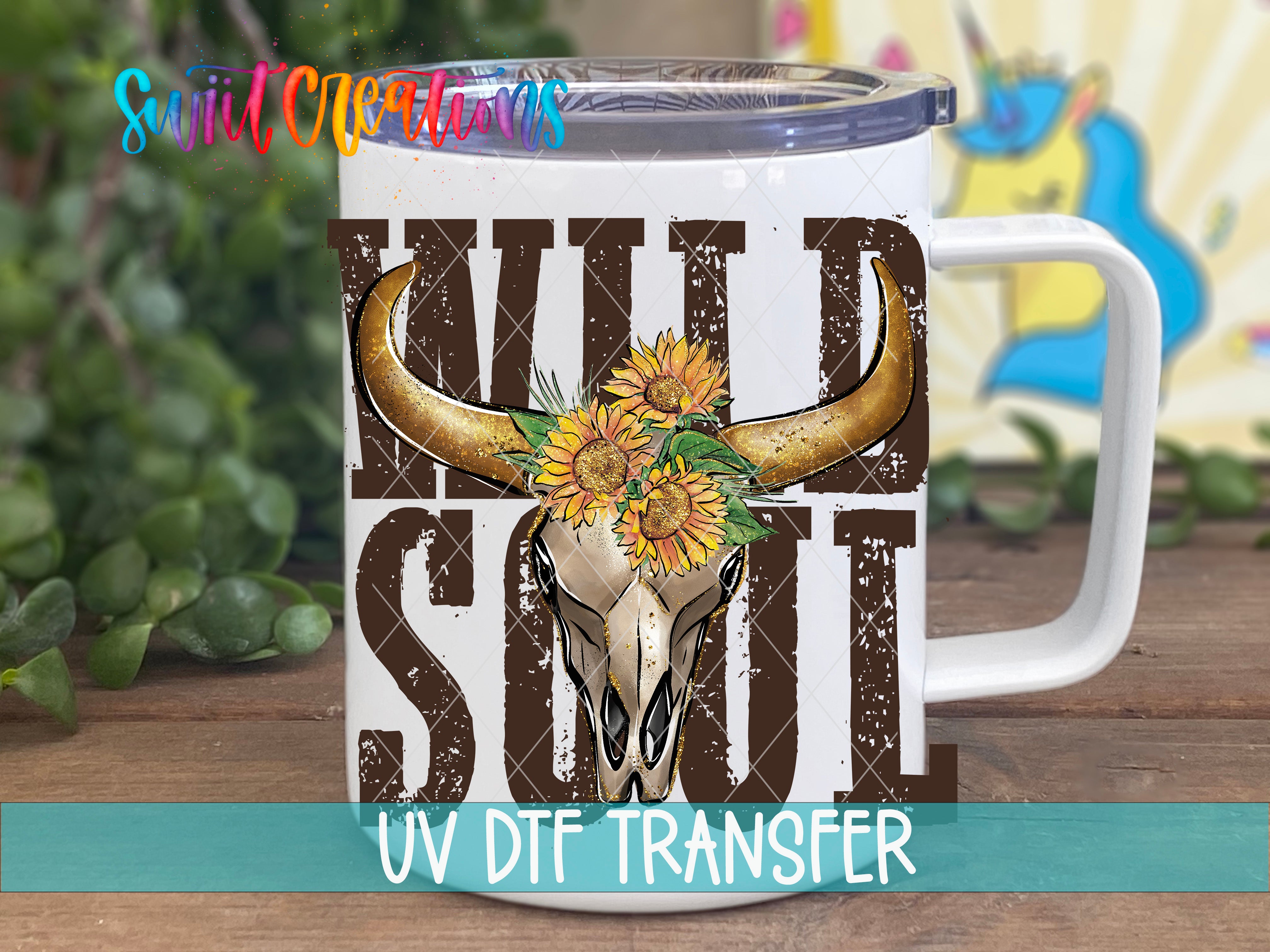 Swiit Creations UV DTF Wild Soul Country transfer displayed on a white coffee mug