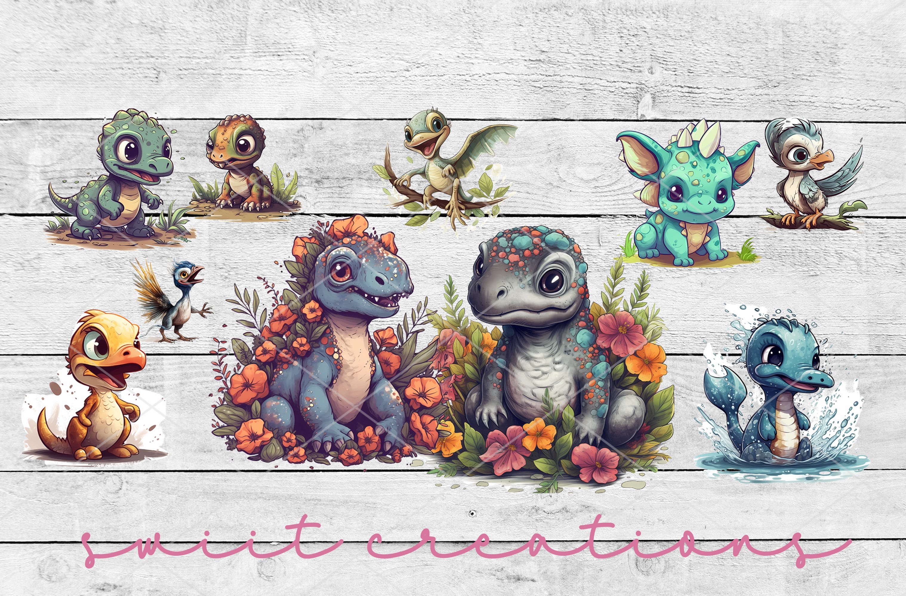a group of cartoon animals sitting on top of a wooden floor