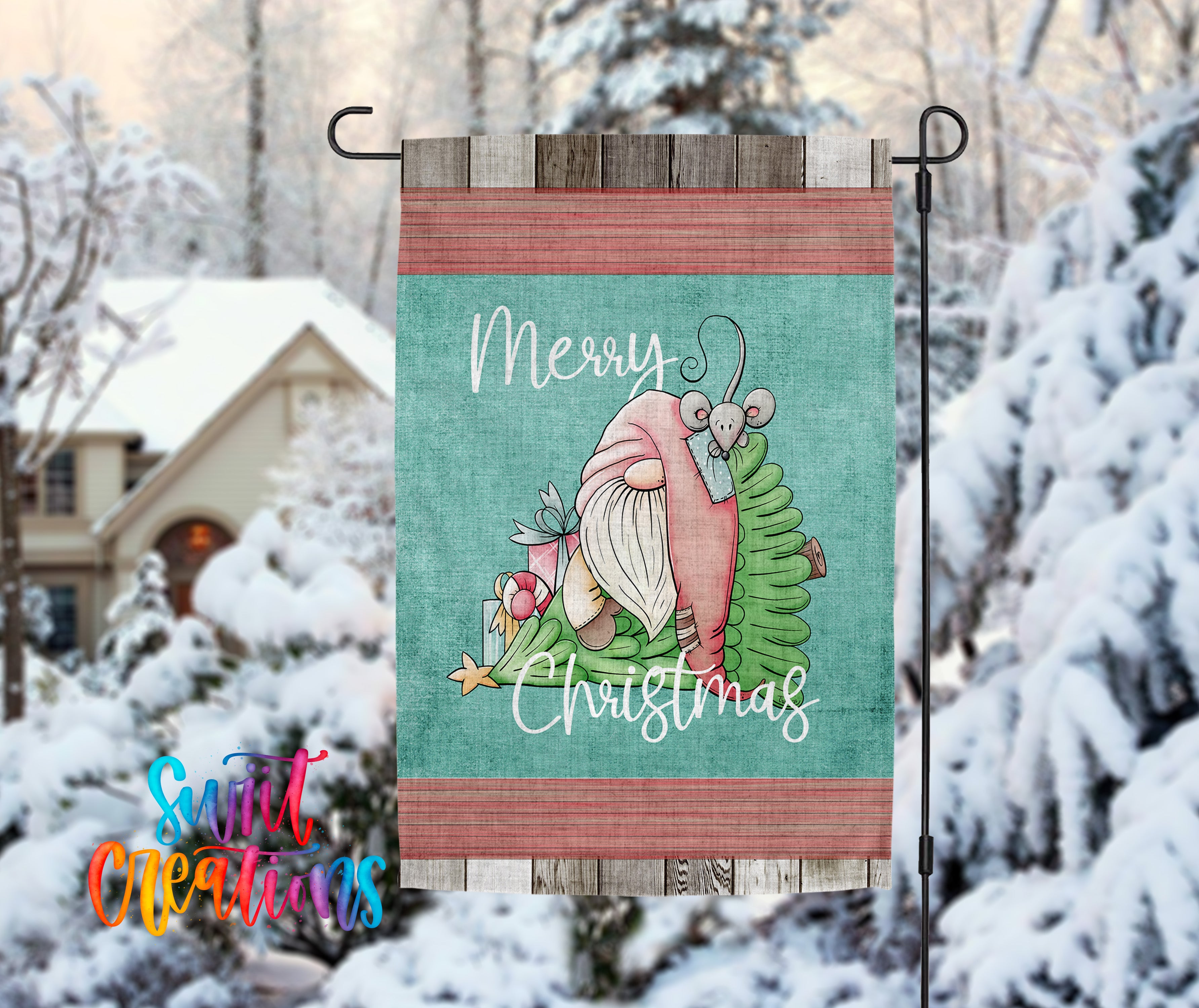 A colorful Christmas-themed banner with a gnome and a Christmas tree is displayed in front of a snowy landscape with a house and trees in the background.