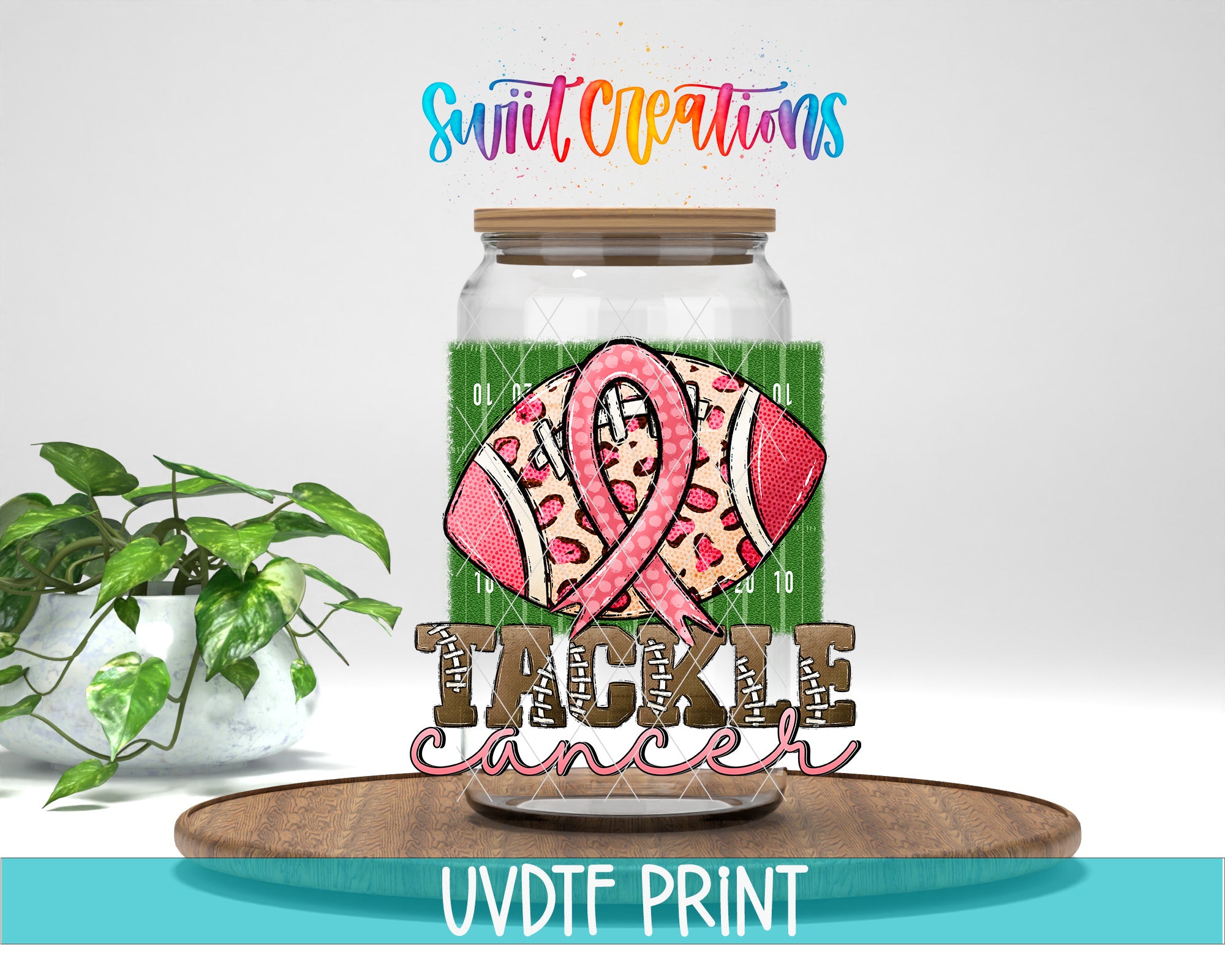 a glass jar with a football design and a pink ribbon, along with the text "TACKLE CANCER" and "Swift Creations" written above it.