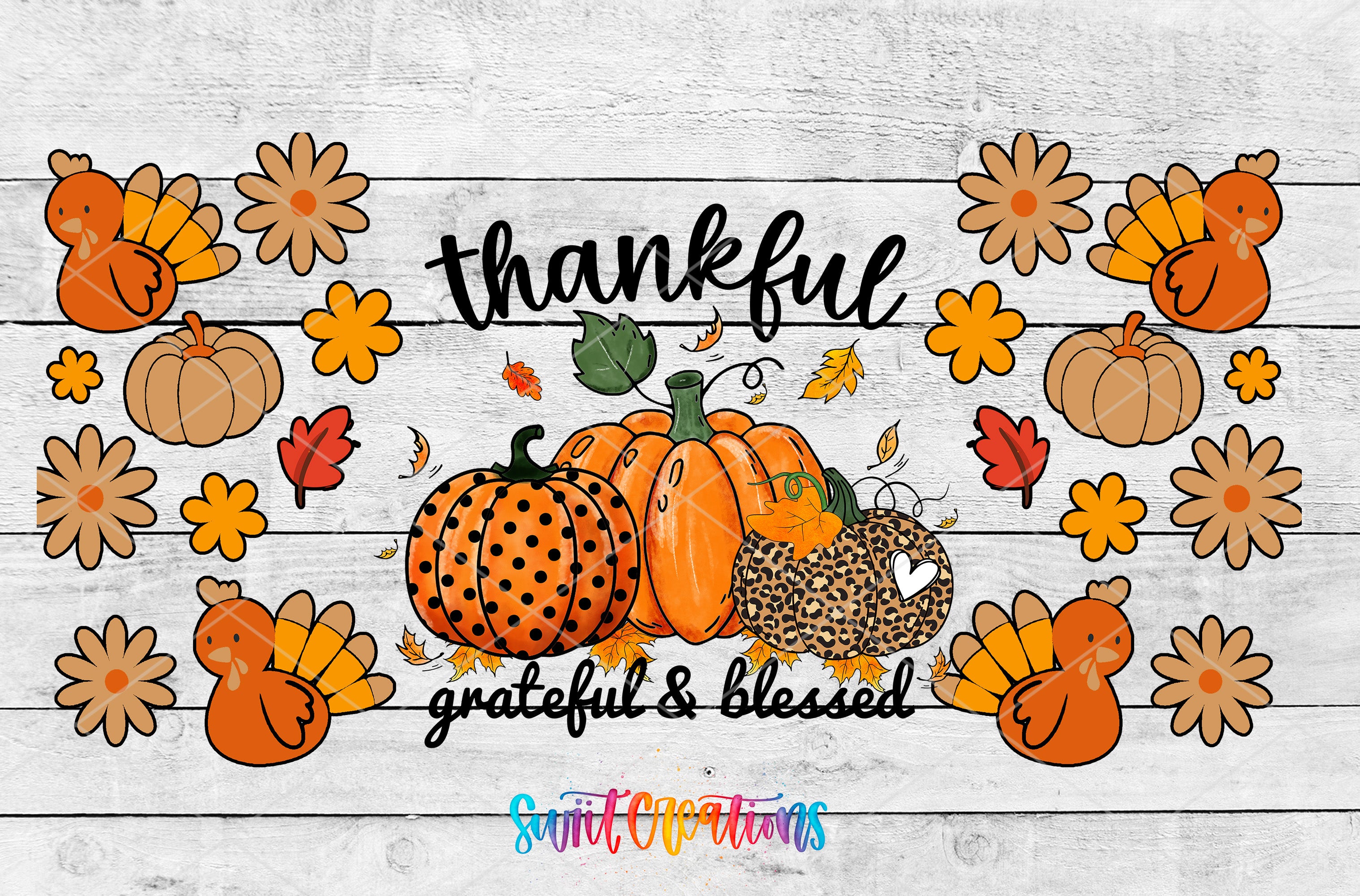 The image is a cheerful Thanksgiving-themed graphic with various fall elements such as pumpkins, turkeys, and flowers. The phrase "Thankful & Blessed" is prominently displayed in the center, and the image is described as a "collage of multiple images" and "colorful" with a "colorful" caption.
