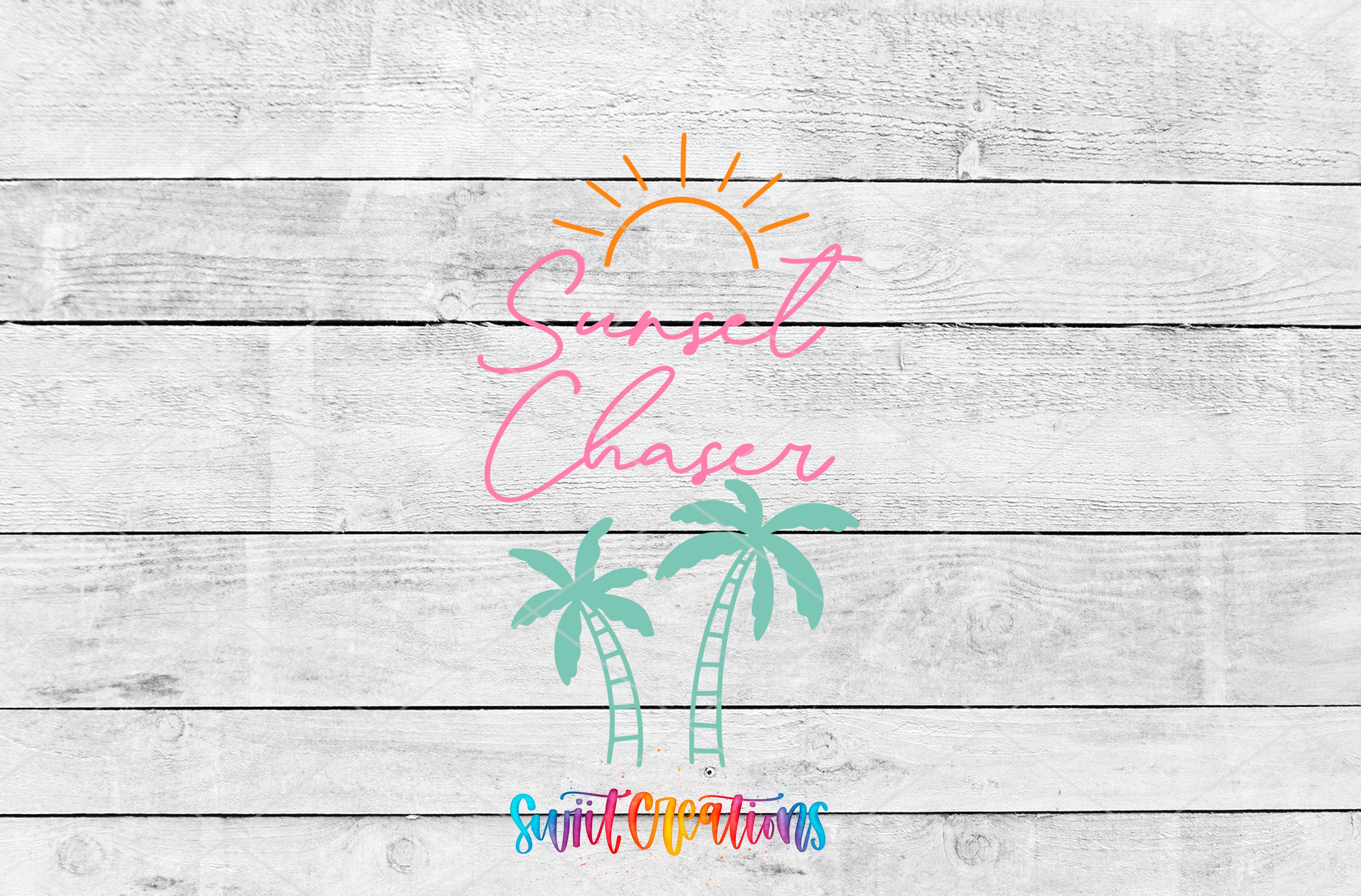 a logo for a company called "Sunset Chaser". The logo consists of a sun with rays emanating from it, along with two palm trees. The company name is written in a stylized font, and the phrase "Sunset Chaser" is written below the sun and palm trees.