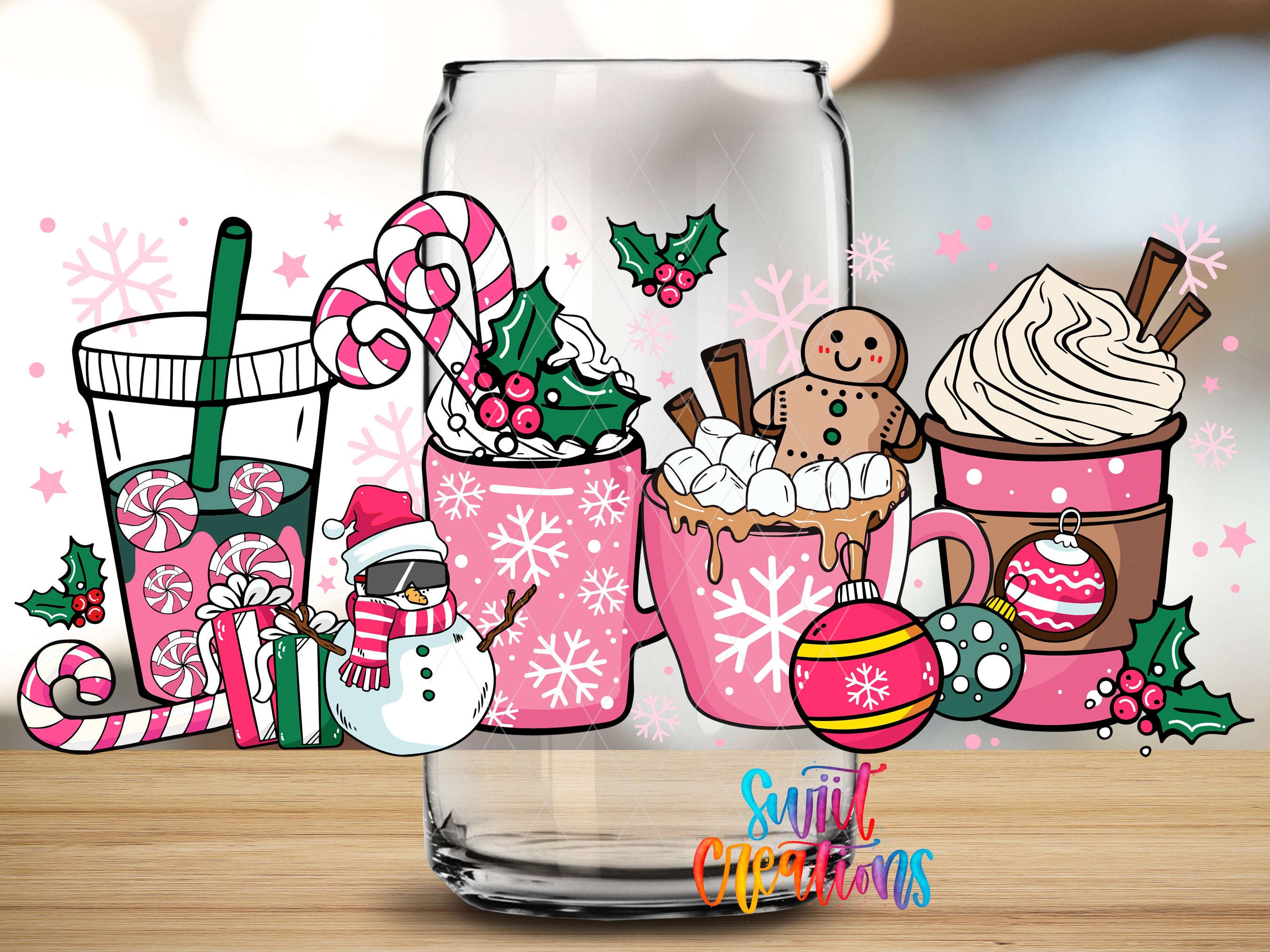 A festive illustration featuring a mug with a snowman, a mug with a hot chocolate drink, and a mug with a marshmallow drink, all surrounded by holiday-themed elements such as snowflakes, holly leaves, and ornaments.