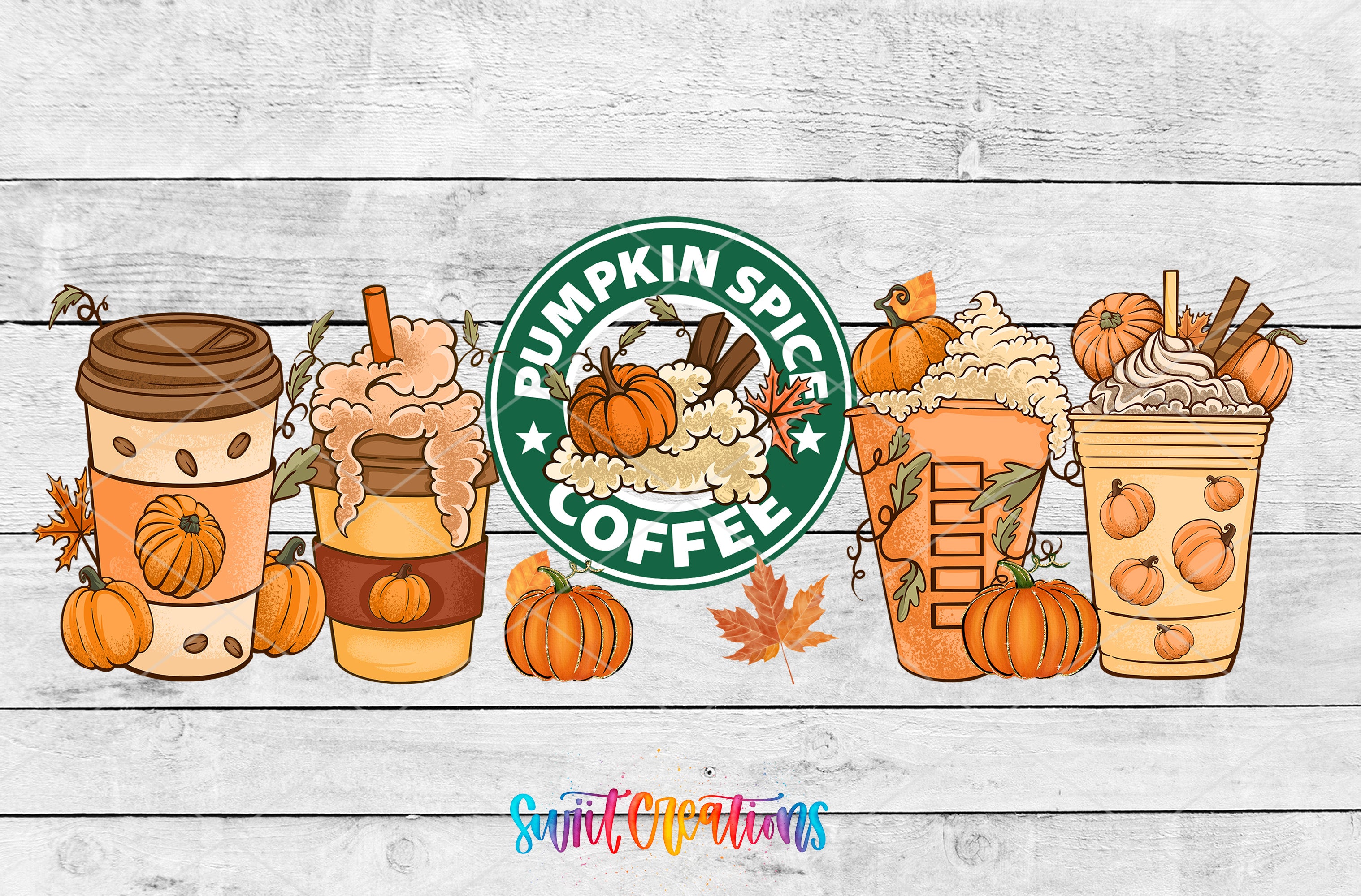 a collection of autumn-themed coffee drinks and pumpkins, including lattes, cappuccinos, and pumpkin spice lattes, all set against a wooden background.