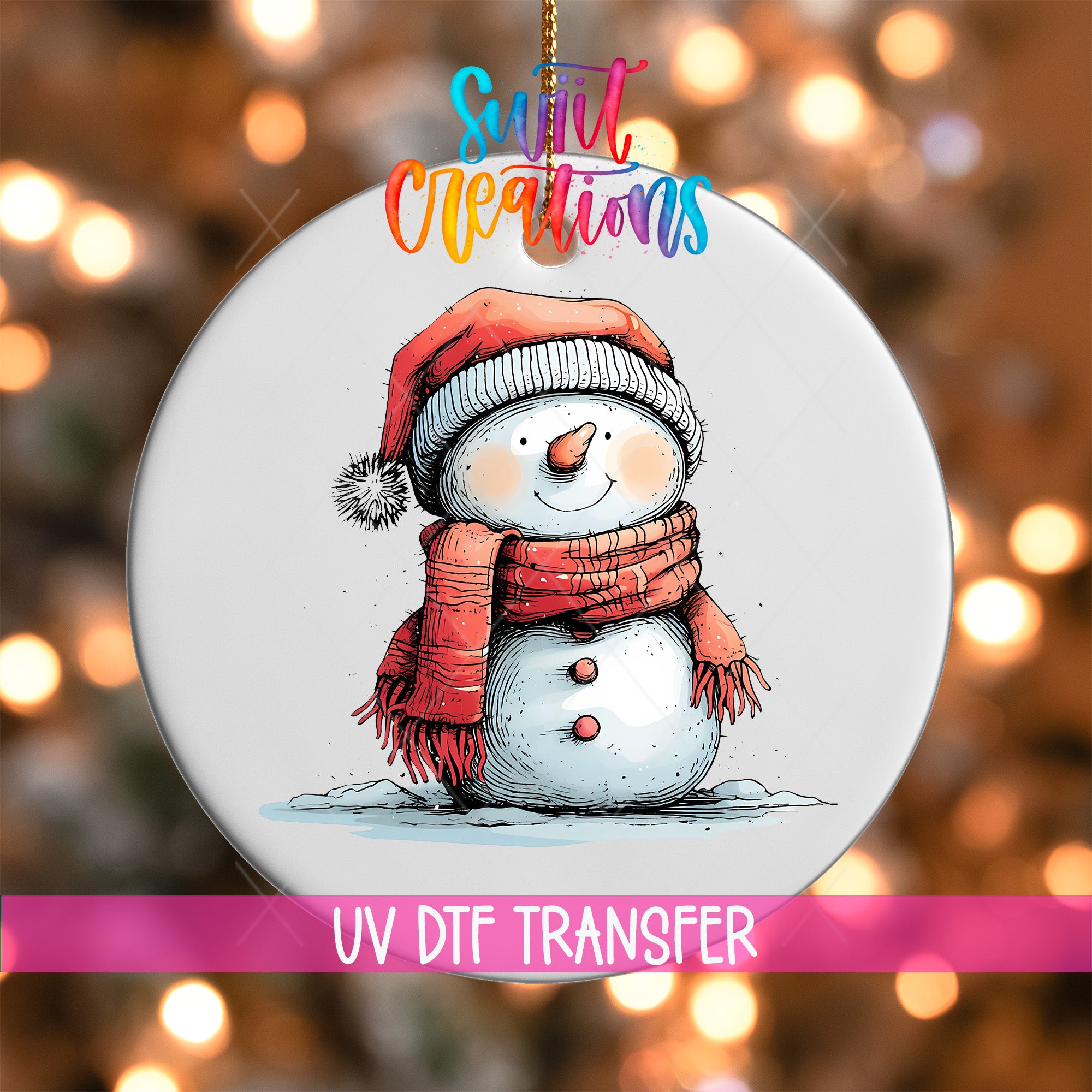 A snowman ornament with a red scarf and hat, sitting on a snowy surface, is the main focus of the image.