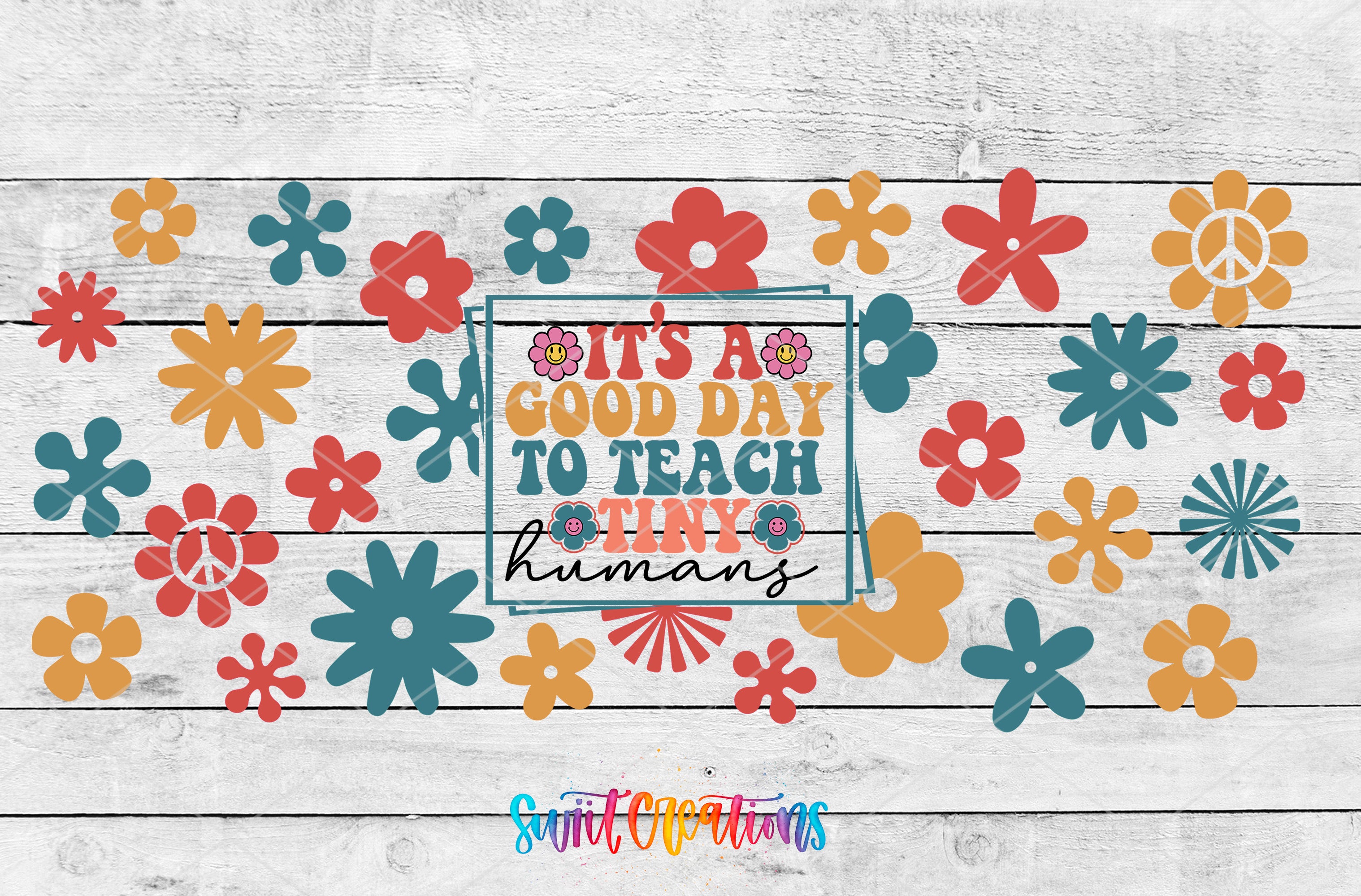 The image is a collage of various colorful flower shapes, including peace signs, against a white wooden background.