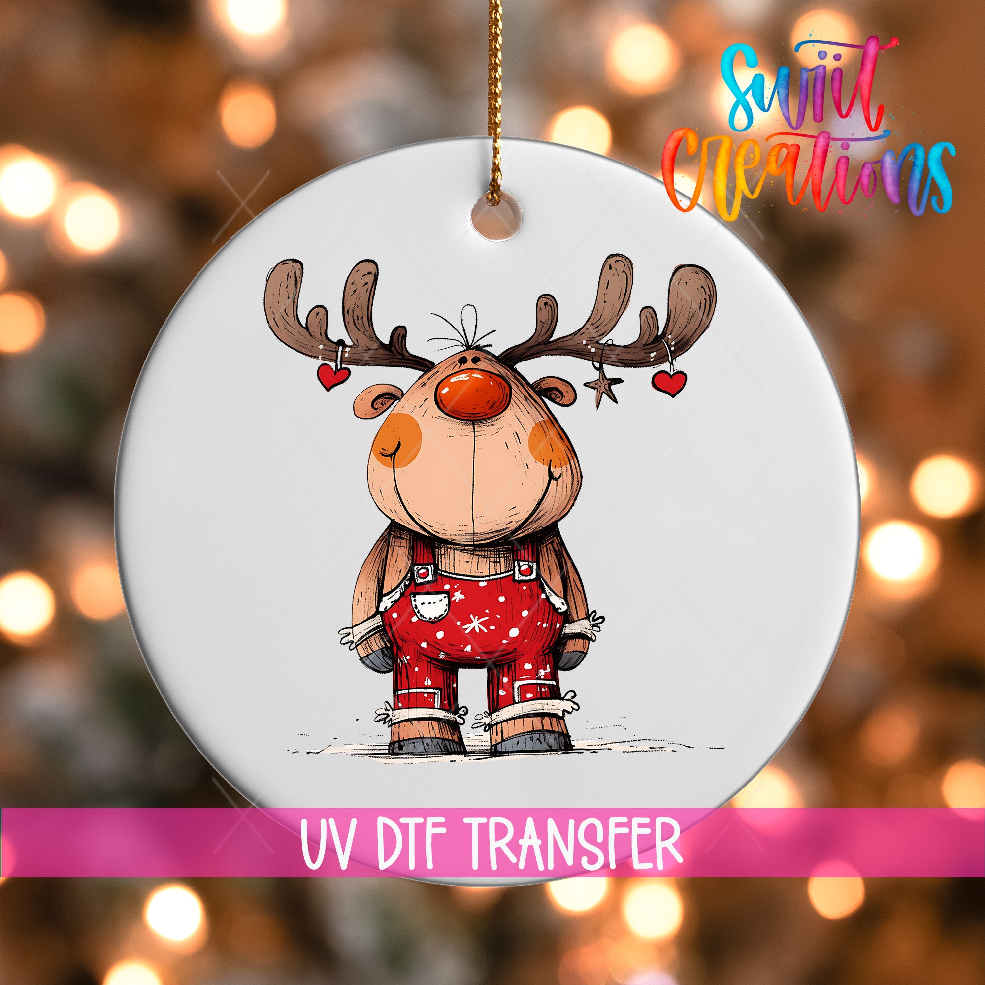 A white ornament featuring a cartoon reindeer wearing overalls and antlers, with a heart-shaped tag on its ear.