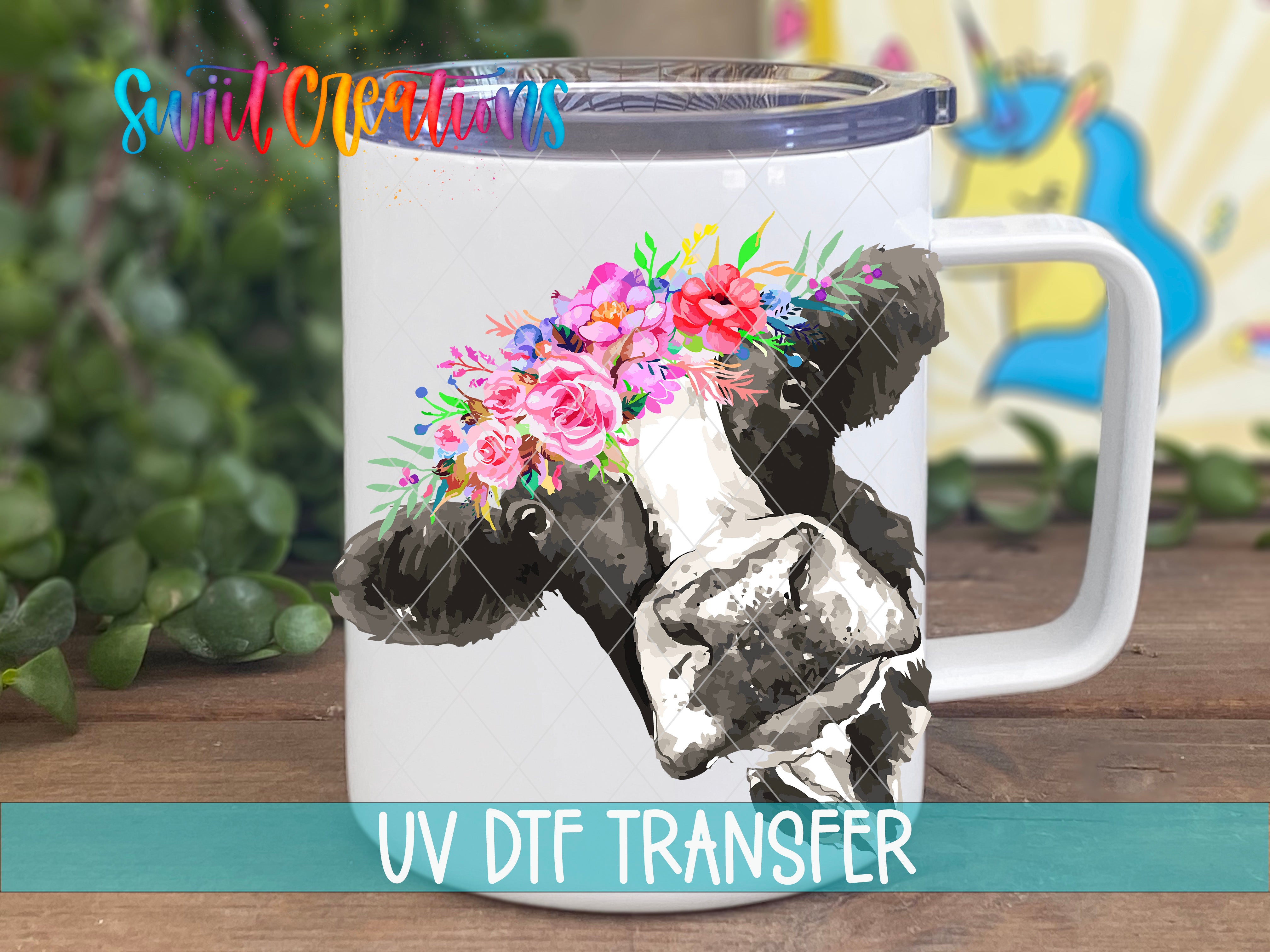 Swiit Creations UV DTF pink floral cow transfer on a white coffee mug mockup