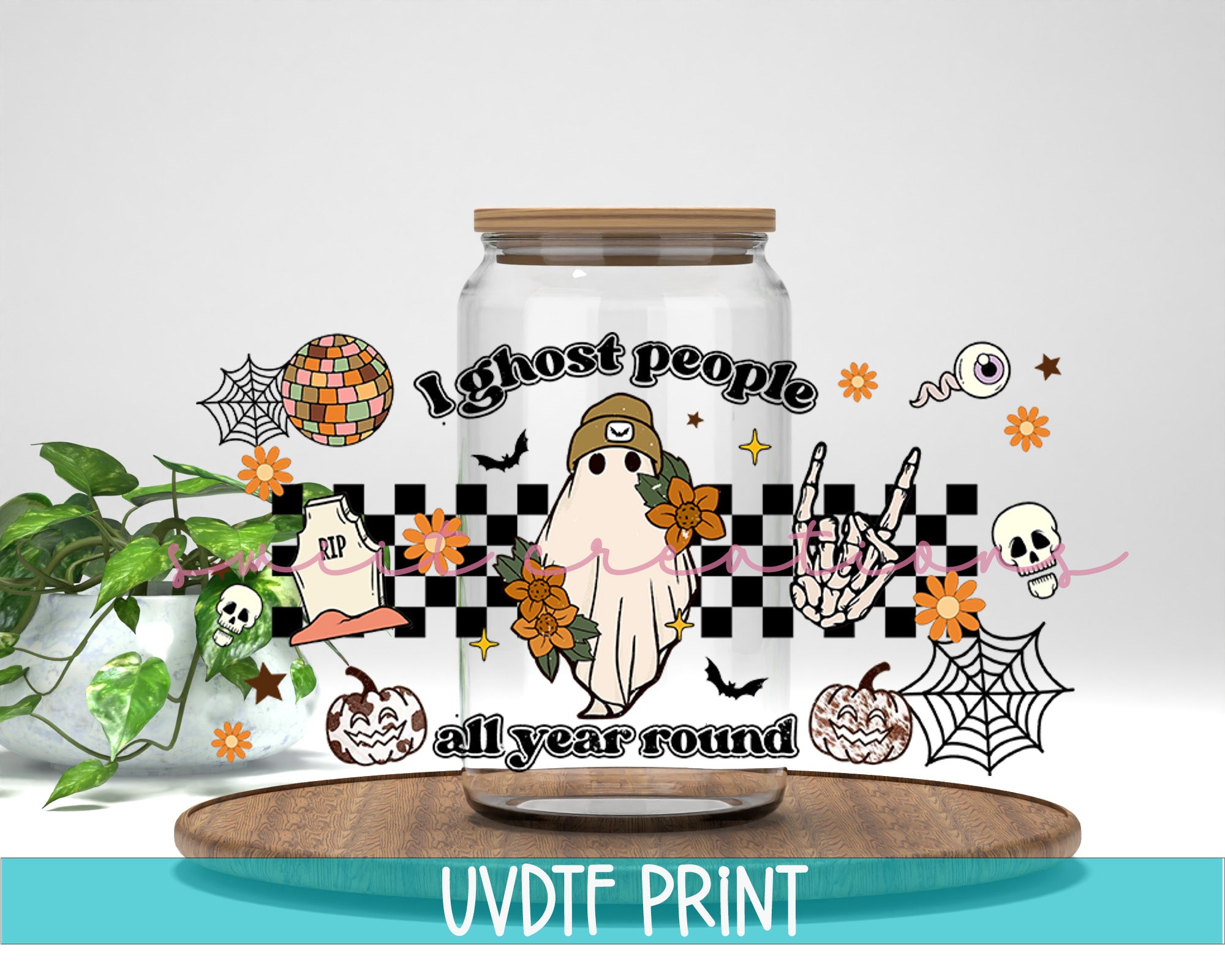 a jar of halloween stickers on a table