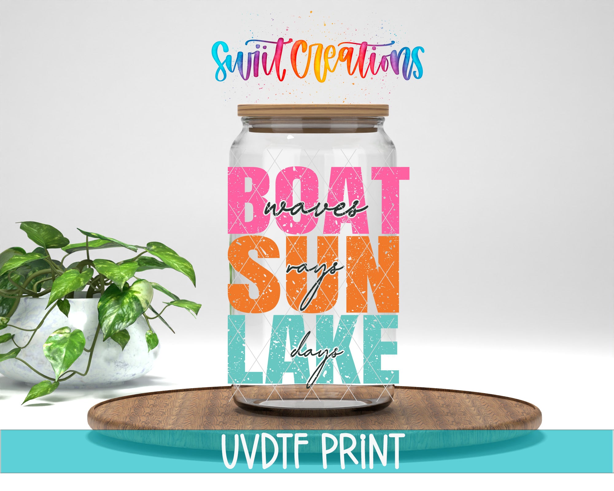 a glass jar with a lid, containing colorful text that says "BOAT SUN LAKE days" in a vibrant, artistic style.