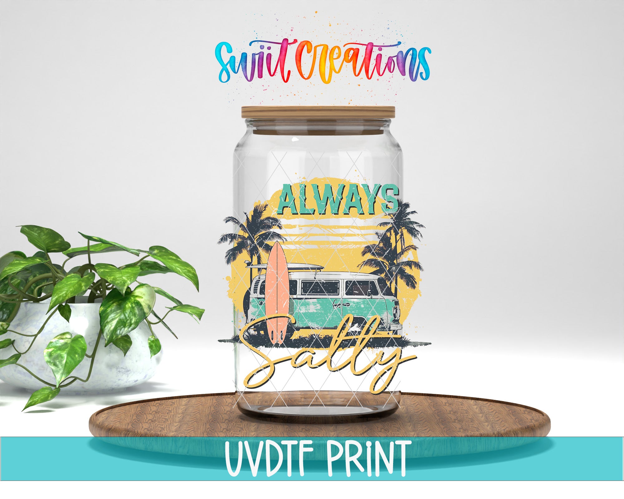 a glass jar with a beach-themed design, including a surfboard, palm trees, and a vintage van, along with the text "Always Salty" and "Swift Creations" written above it.