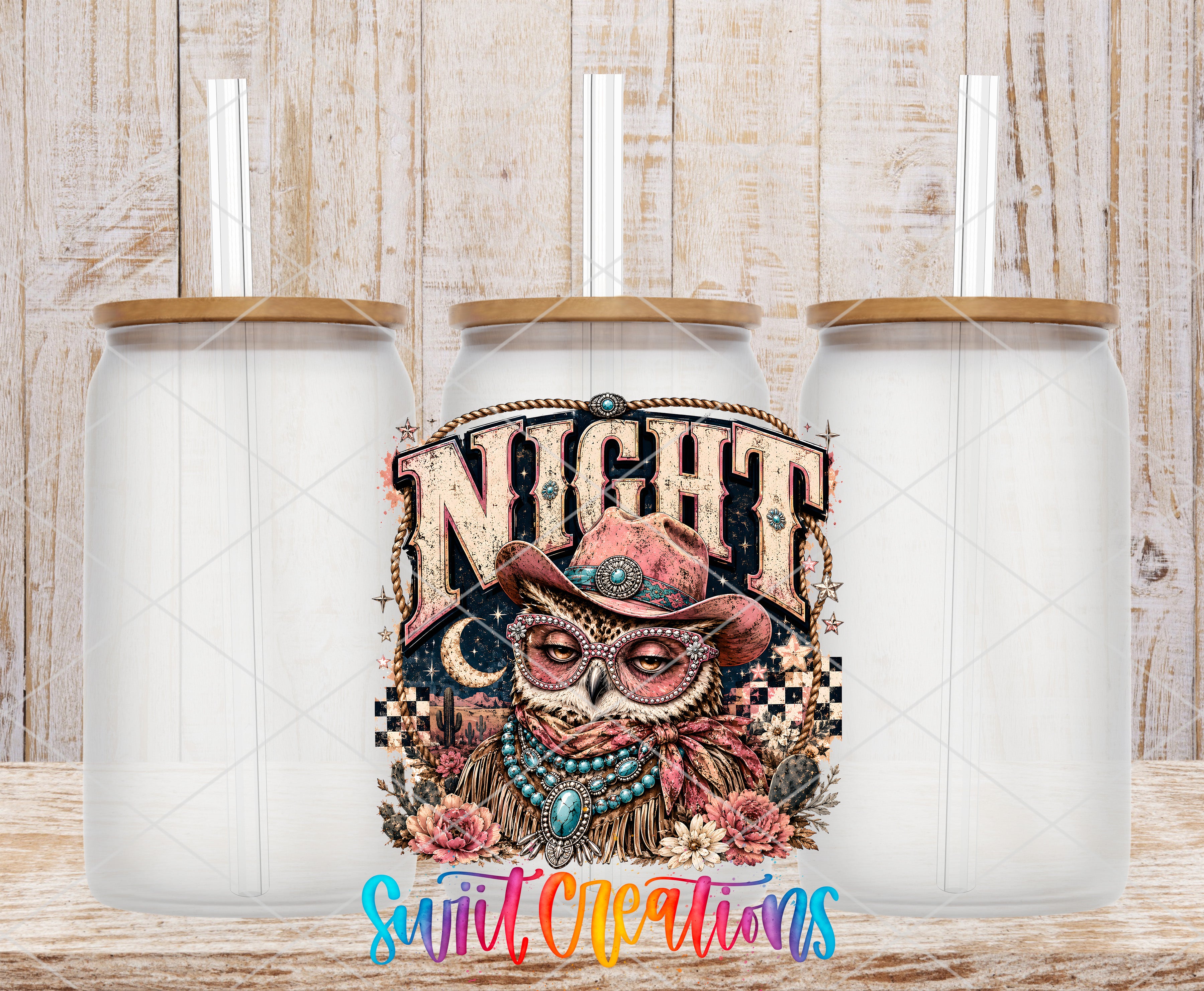A colorful illustration of an owl wearing a cowboy hat and beaded necklace, with the word "NIGHT" prominently displayed. The owl is surrounded by flowers and other decorative elements, creating a whimsical and festive atmosphere.