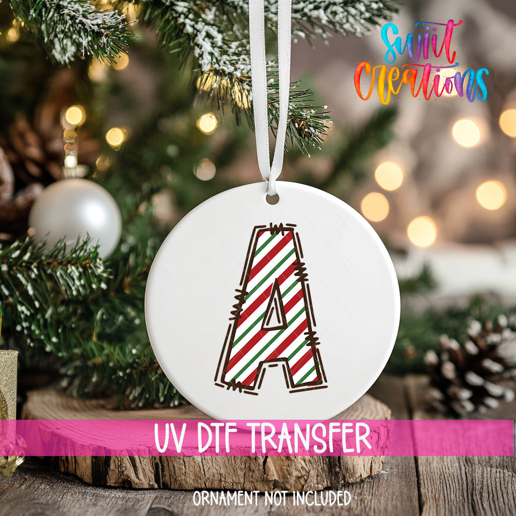 Candy Cane Christmas UV DTF Ornament Decal | Initial Letter Transfer for DIY Holiday Decor | Personalized Alphabet Design | CF01