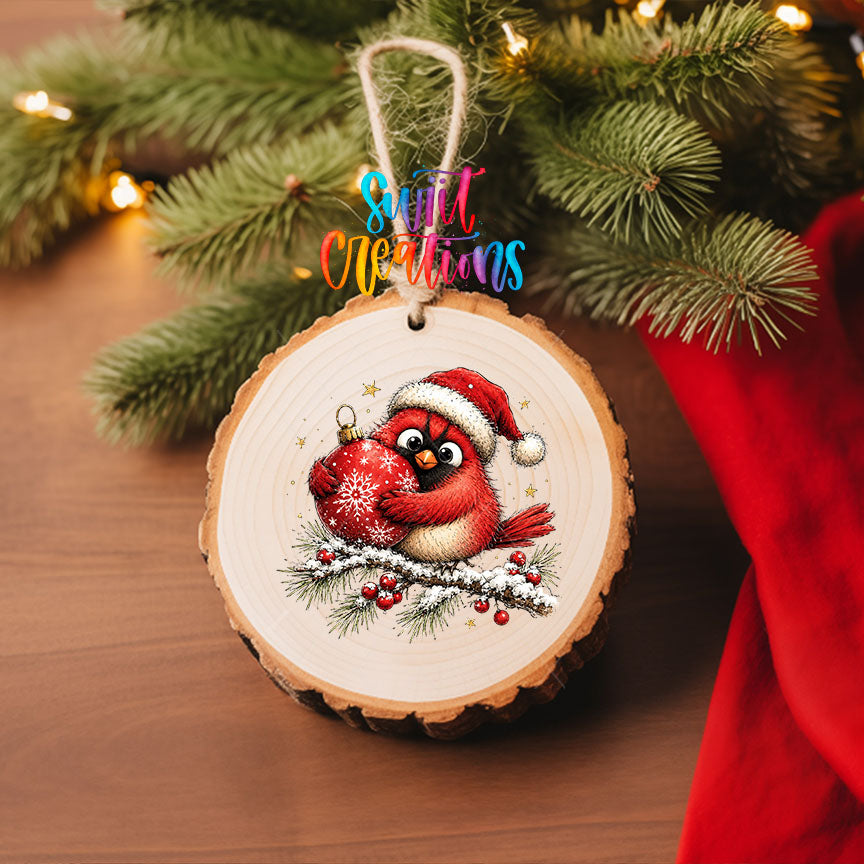 Santa hat cardinal hugging an ornament UV DTF transfer on a wood slice ornament with pine and a red stocking