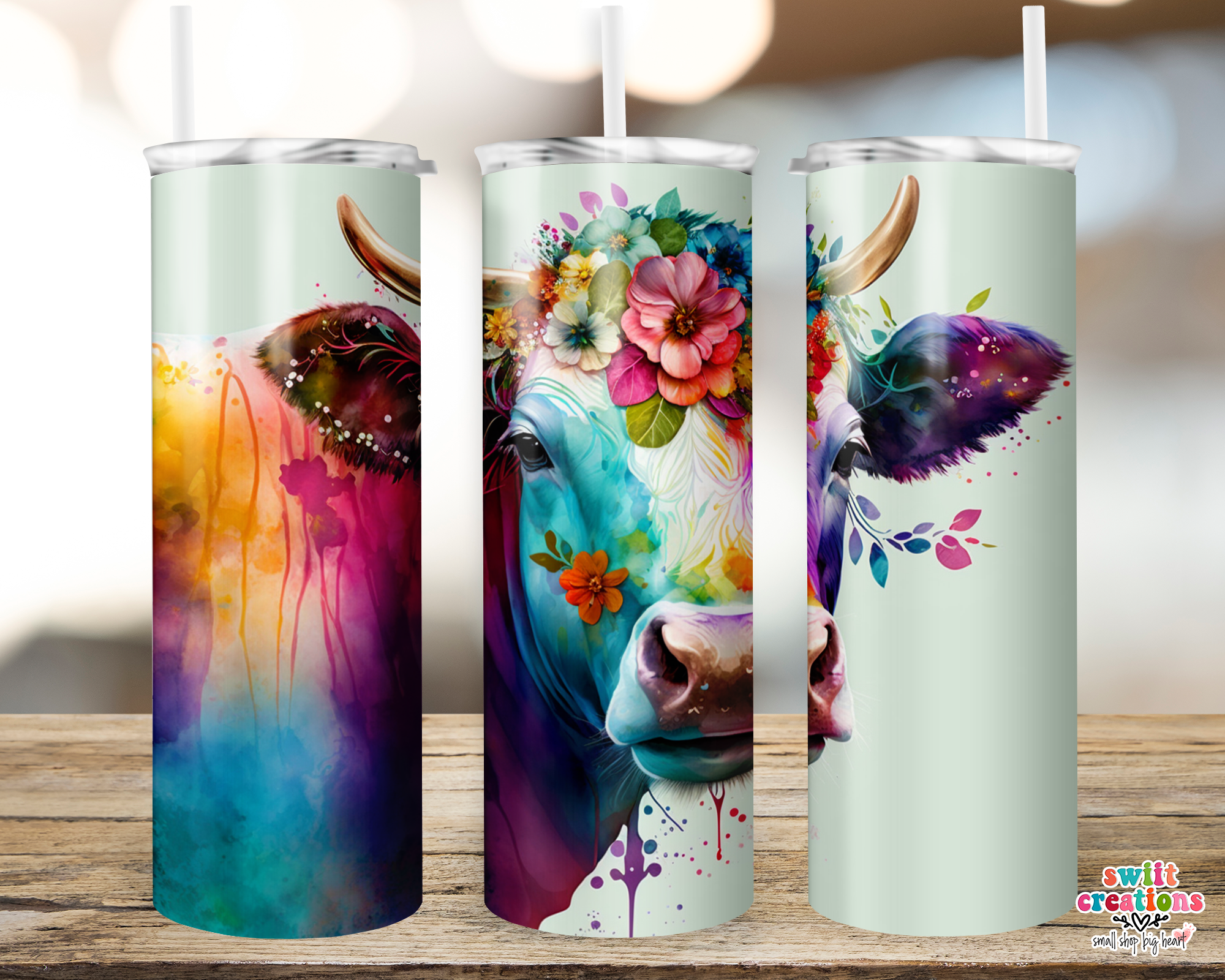Floral Watercolor Cow Tumbler (T489)