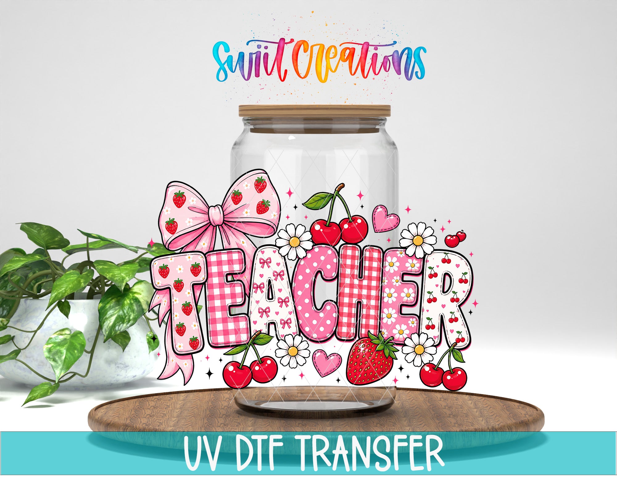 Teacher Strawberry UV DTF transfer jar mockup