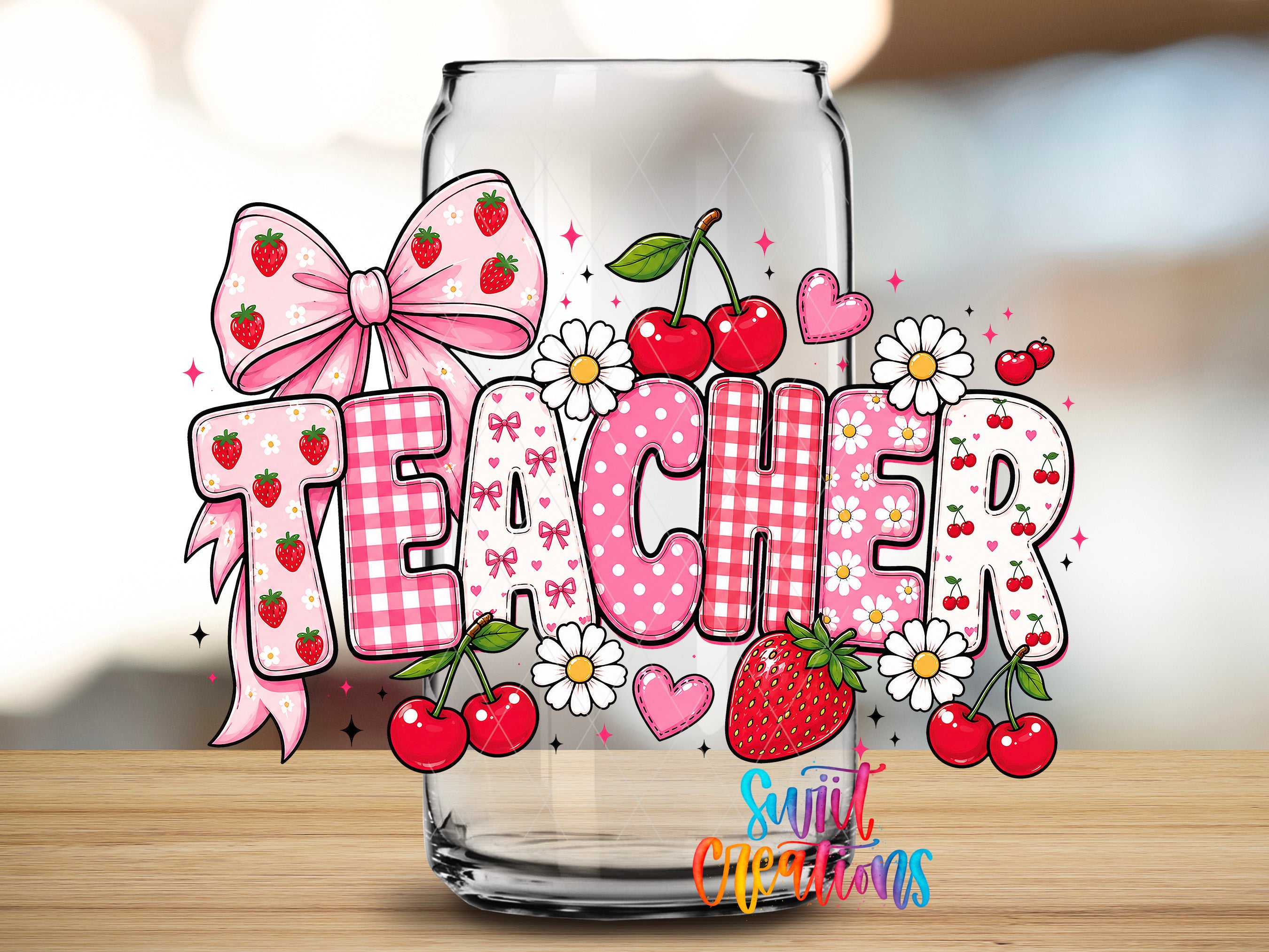 Teacher Strawberry UV DTF transfer clear glass cup mockup