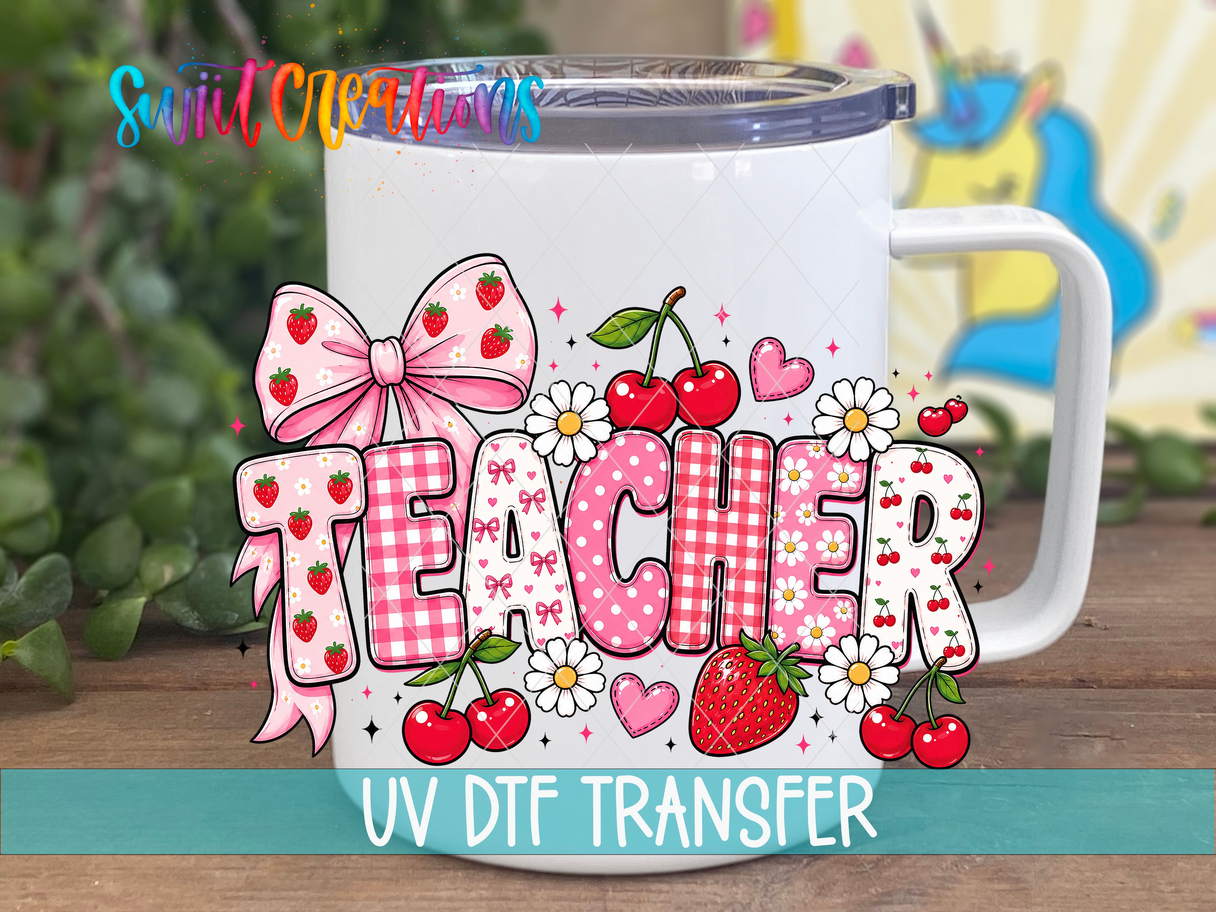 Teacher Strawberry UV DTF transfer handled travel mug mockup