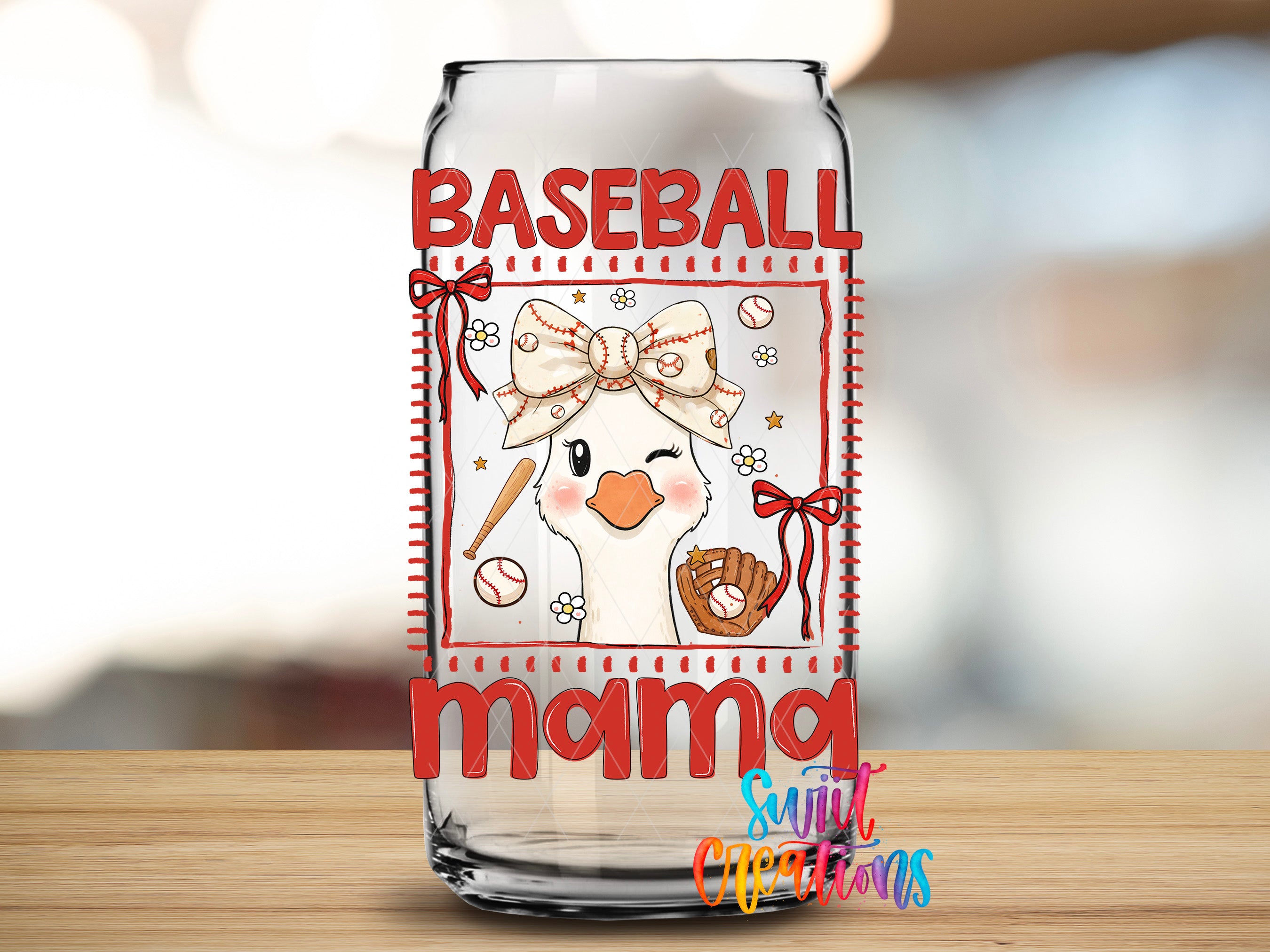 Baseball Mama Goose UV DTF transfer clear glass cup mockup