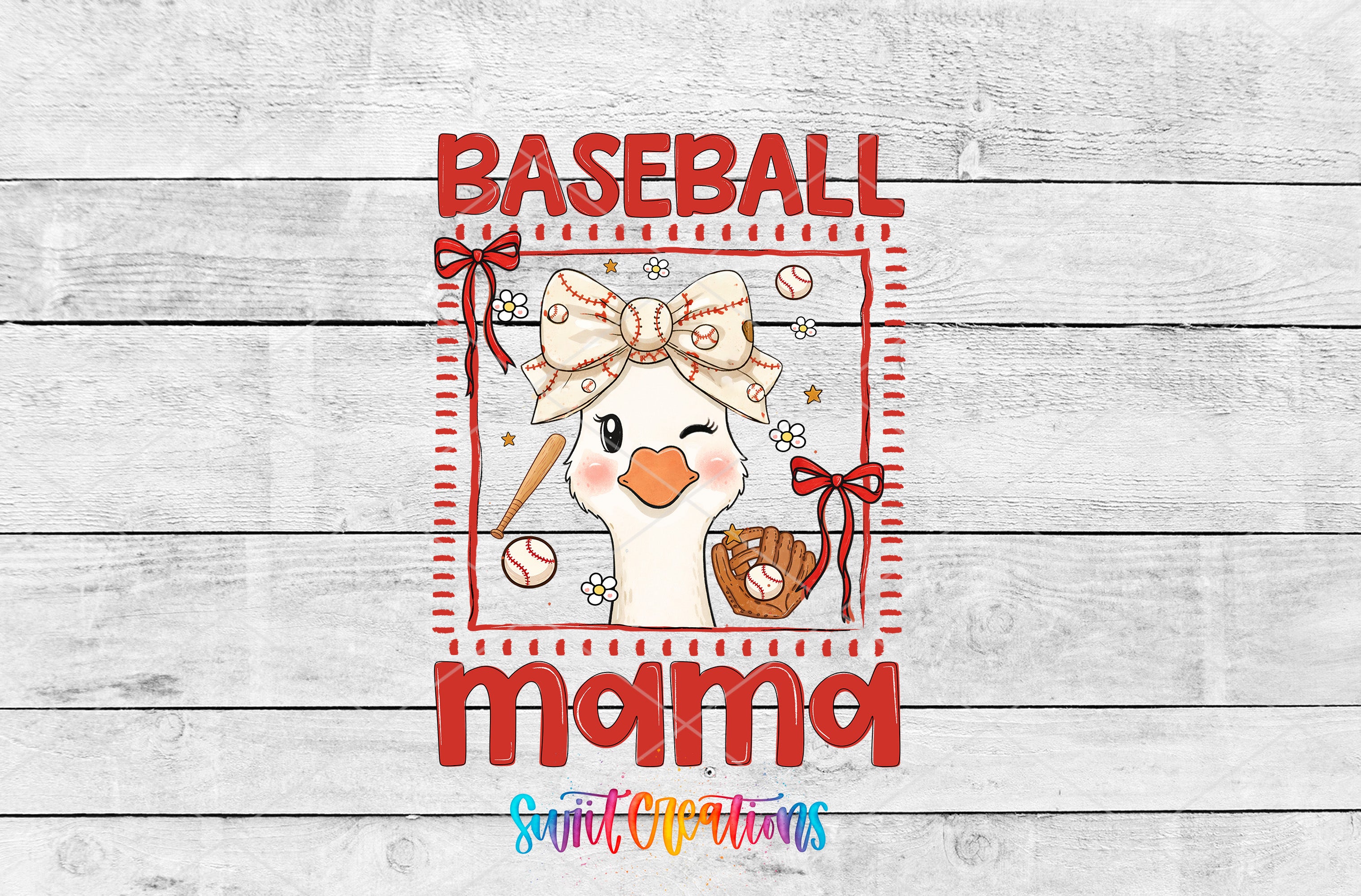 Baseball Mama Goose UV DTF transfer artwork preview on white wood