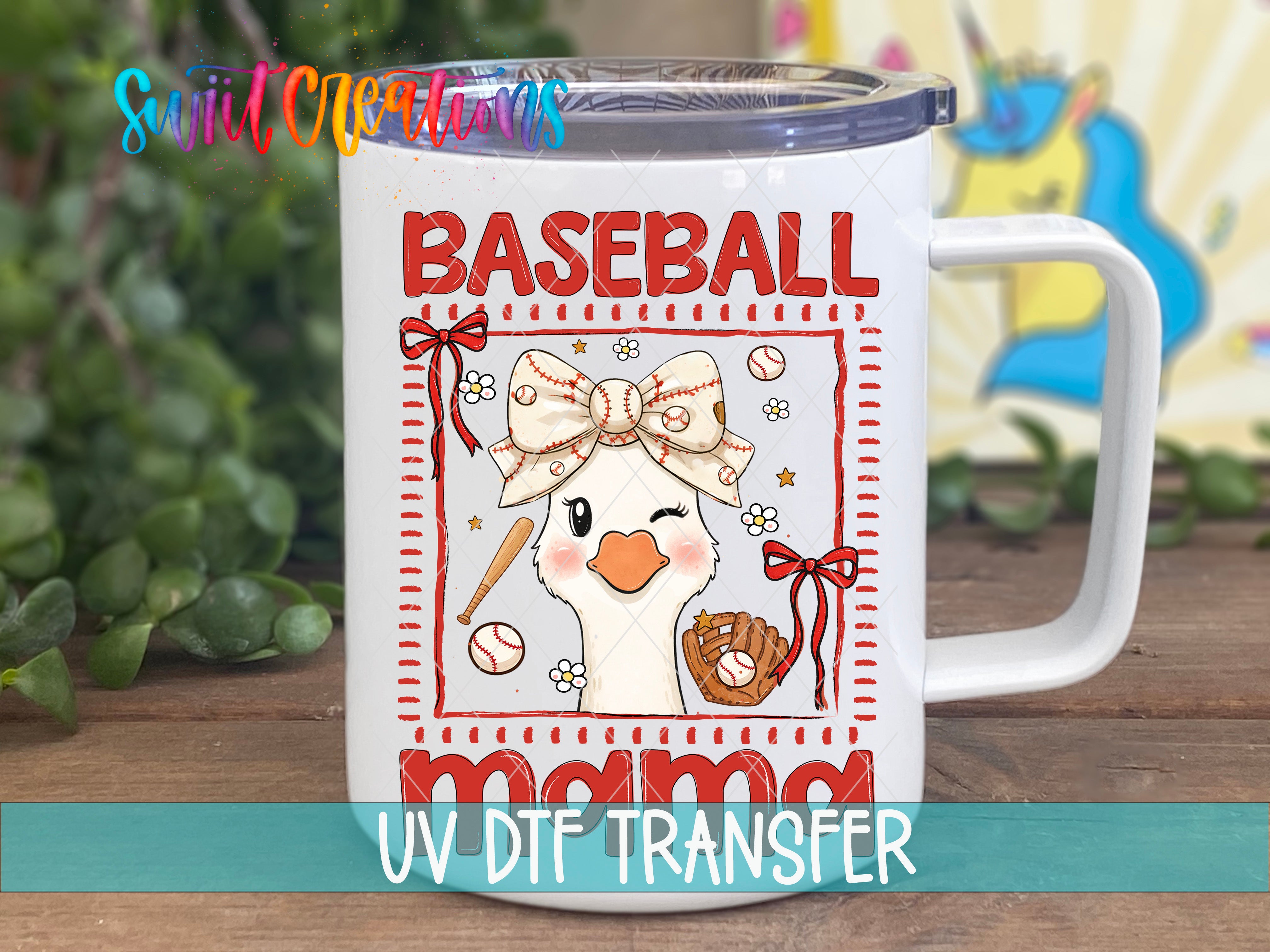 Baseball Mama Goose UV DTF transfer handled travel mug mockup