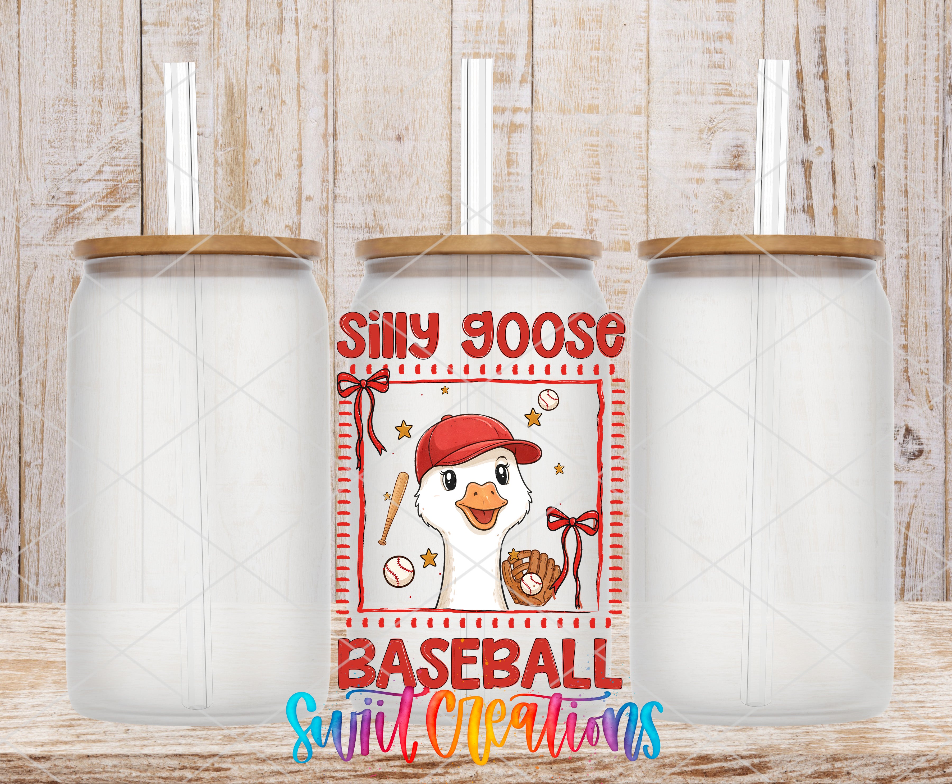 Silly Goose Baseball UV DTF transfer glass tumbler set mockup