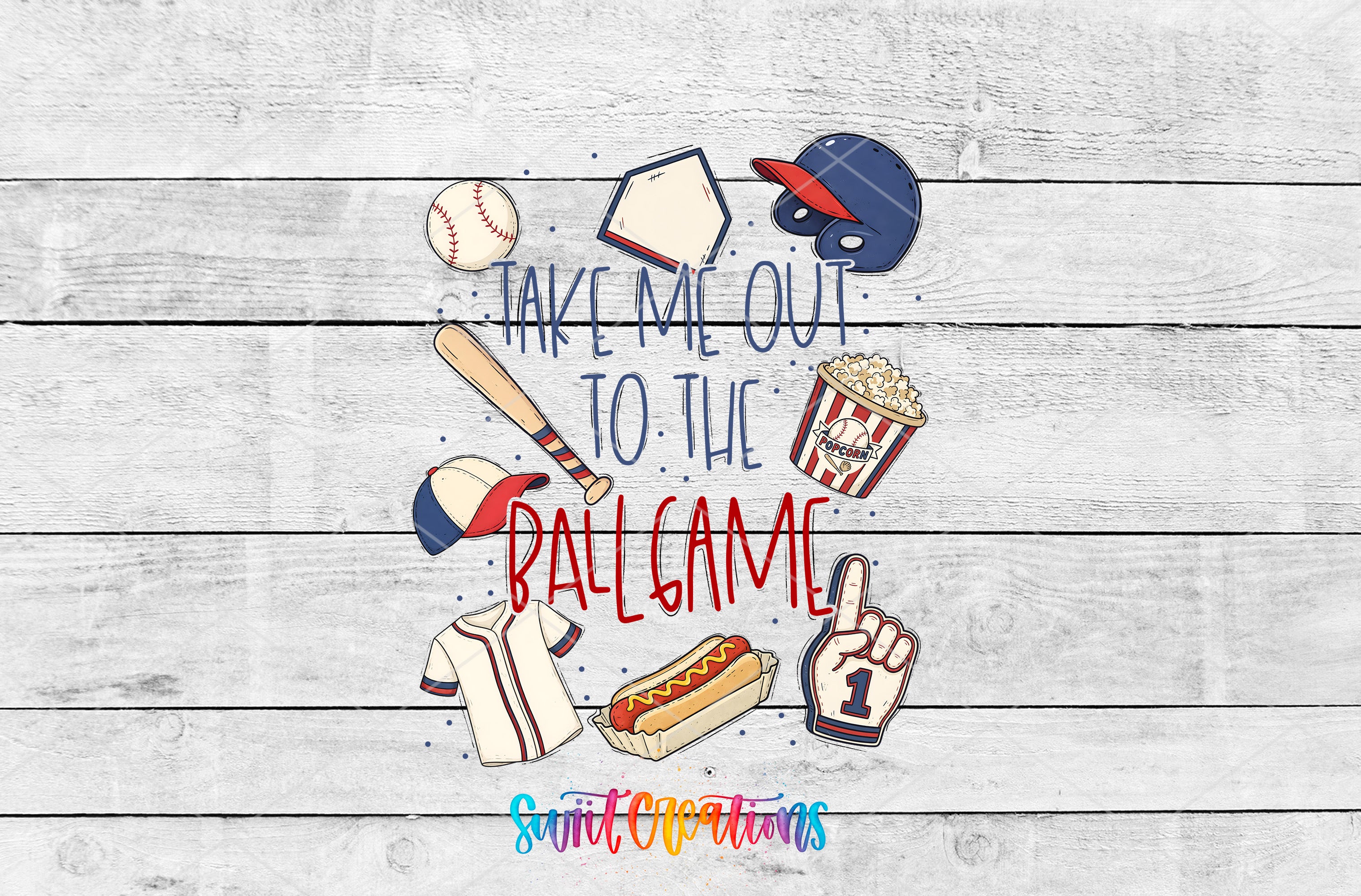 Take Me Out To the Ball Game UV DTF transfer artwork preview on white wood