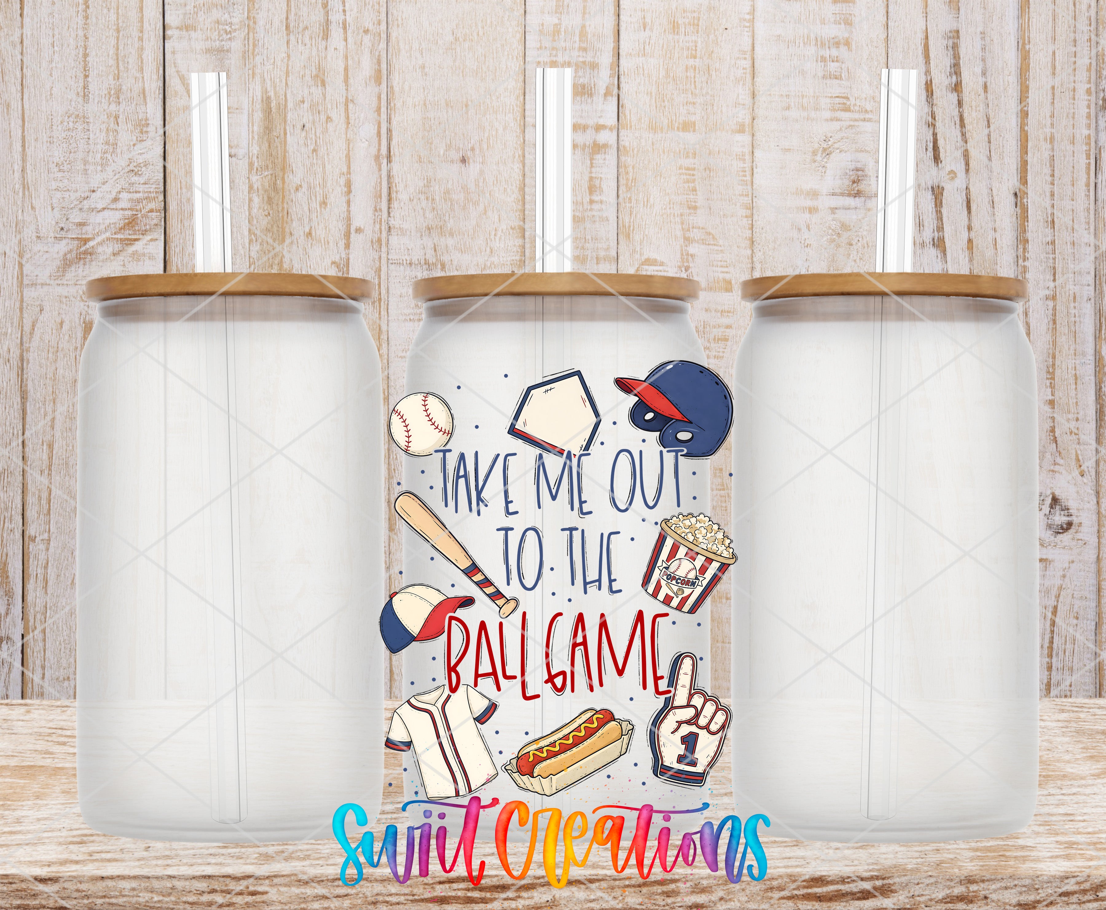 Take Me Out To the Ball Game UV DTF transfer glass tumbler set mockup
