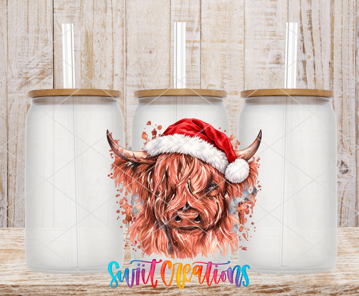 Cow With Santa Hat UV DTF transfer on frosted glass cans with bamboo lids
