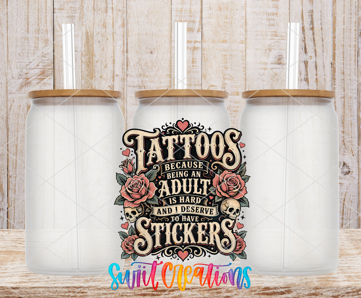 Tattoos adult stickers UV DTF transfer on frosted glass cans with bamboo lids