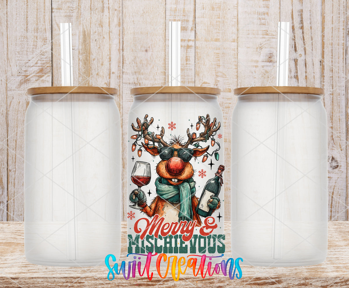 Merry and Mischievous reindeer UV DTF transfer on frosted glass cans with bamboo lids