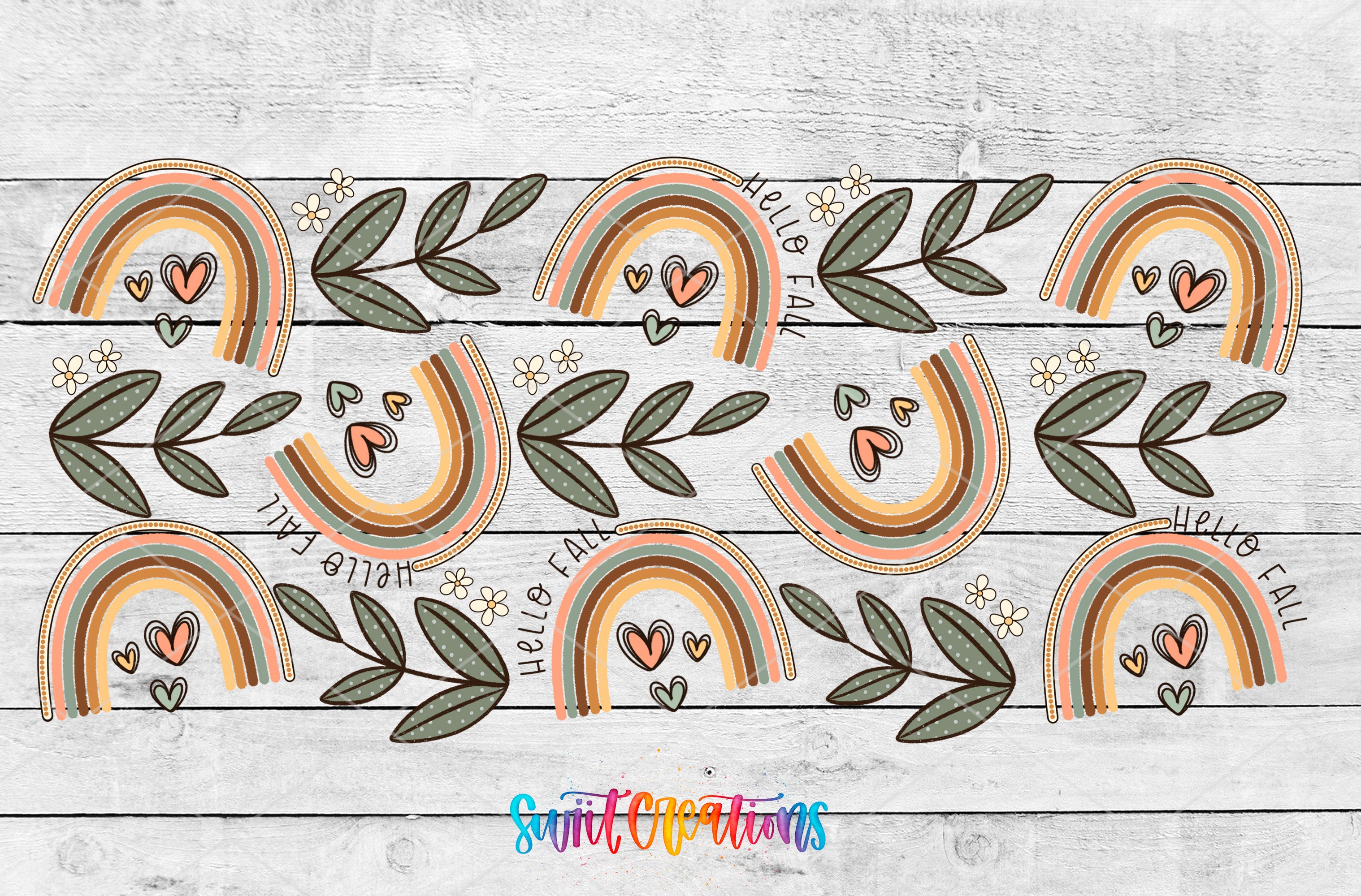 a repeating pattern of colorful rainbows and leaves on a wooden background.