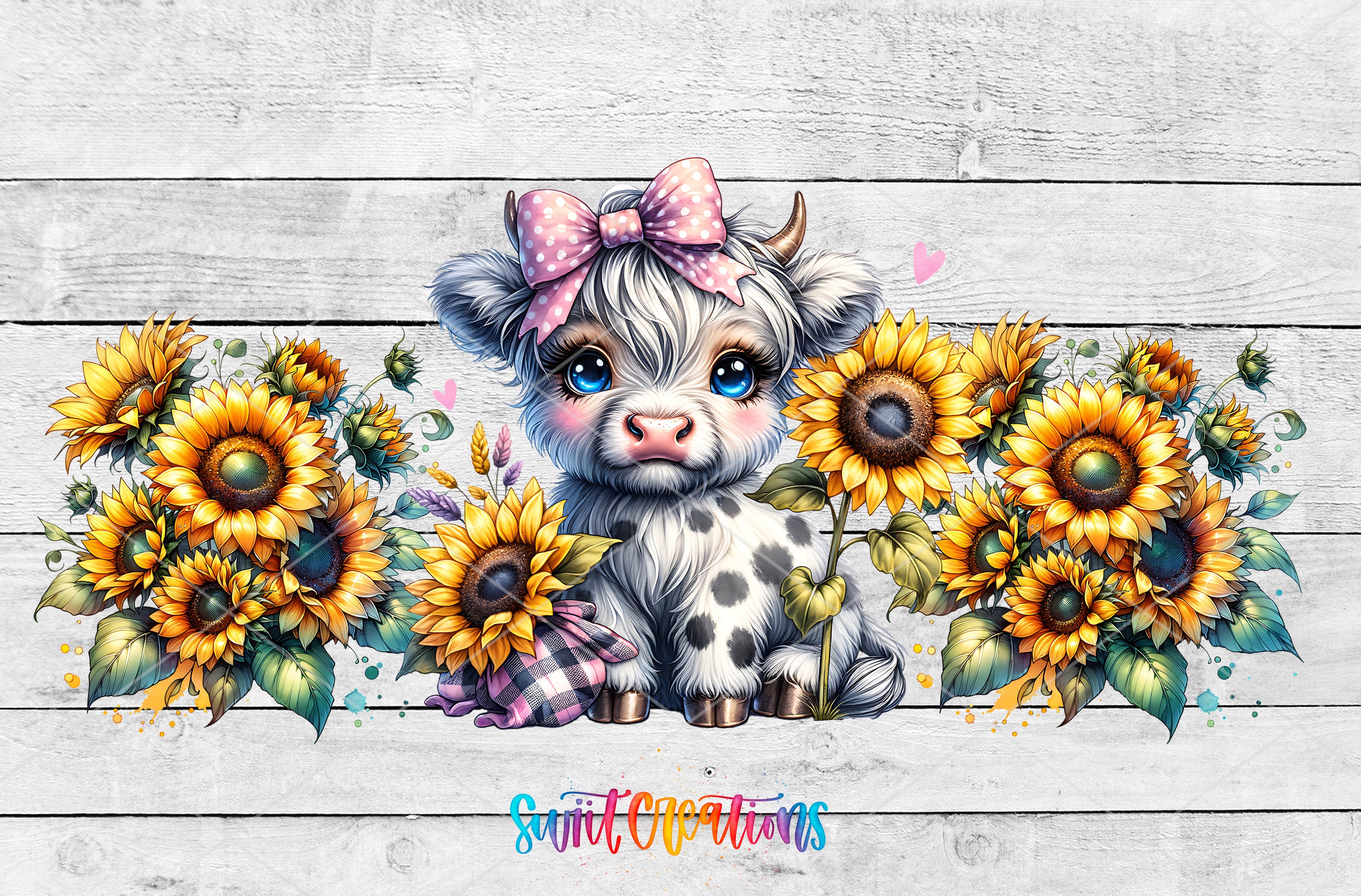 A cartoon cow with a pink bow sits amidst a field of sunflowers, with a wooden background.