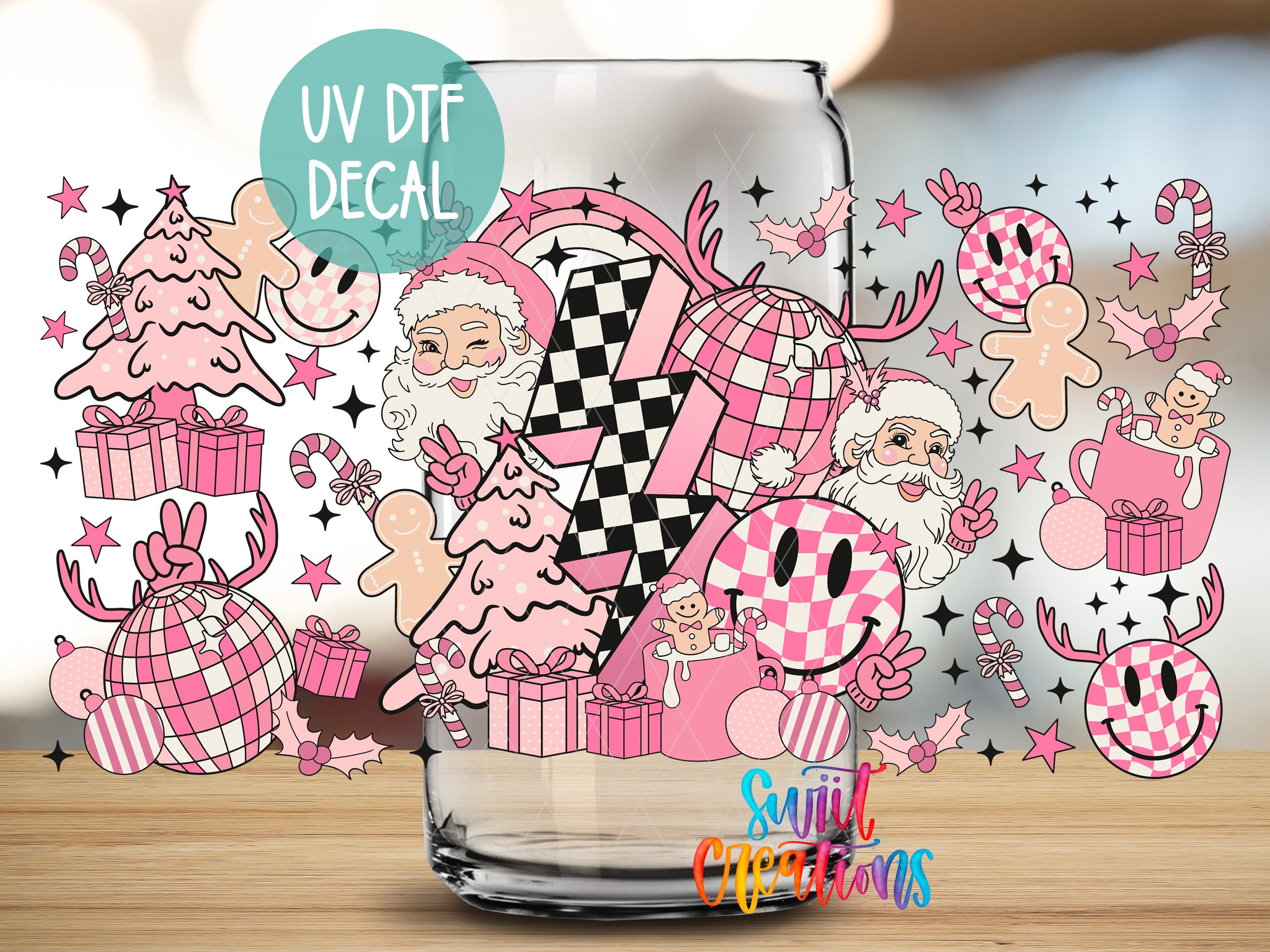 The image is a vibrant and whimsical collage featuring various Christmas-themed illustrations, including Santa Claus, reindeer, presents, and other festive elements. The collage is filled with a variety of colors, including shades of pink, white, and black, creating a cheerful and celebratory atmosphere.