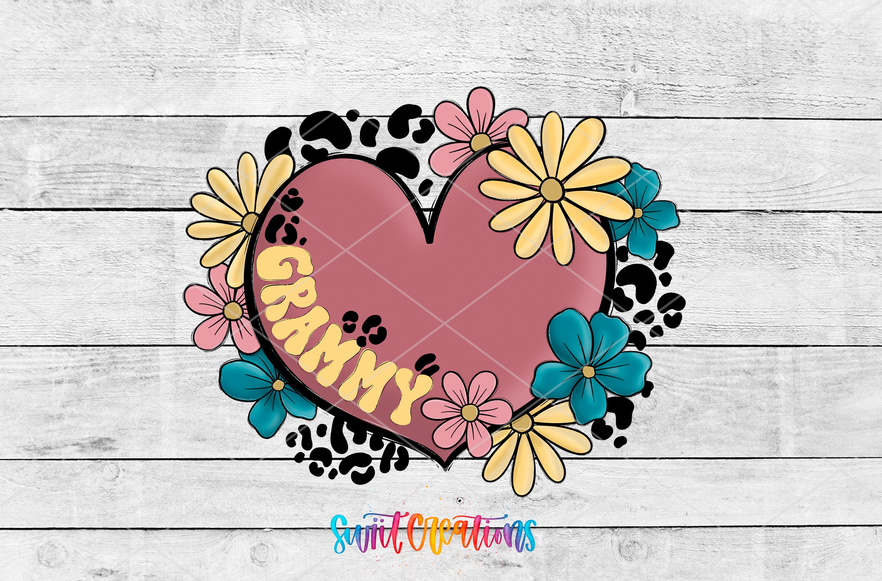 A heart-shaped graphic with the word "GRAMMY" written inside, surrounded by colorful flowers and leopard print elements against a white wooden background.